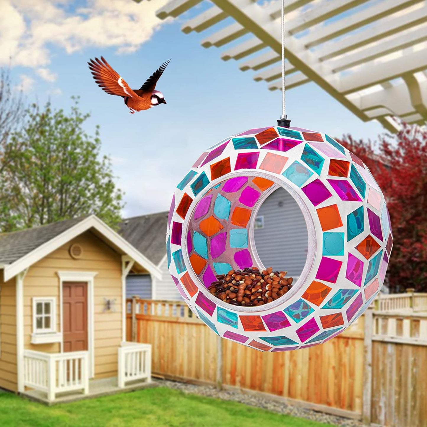 Yinns Glass Bird Feeders Outside, Hanging Mosaic Bird Feeder, Round Shape Fly Through Container Wild Birdfeeder for Garden, Backyard Decor