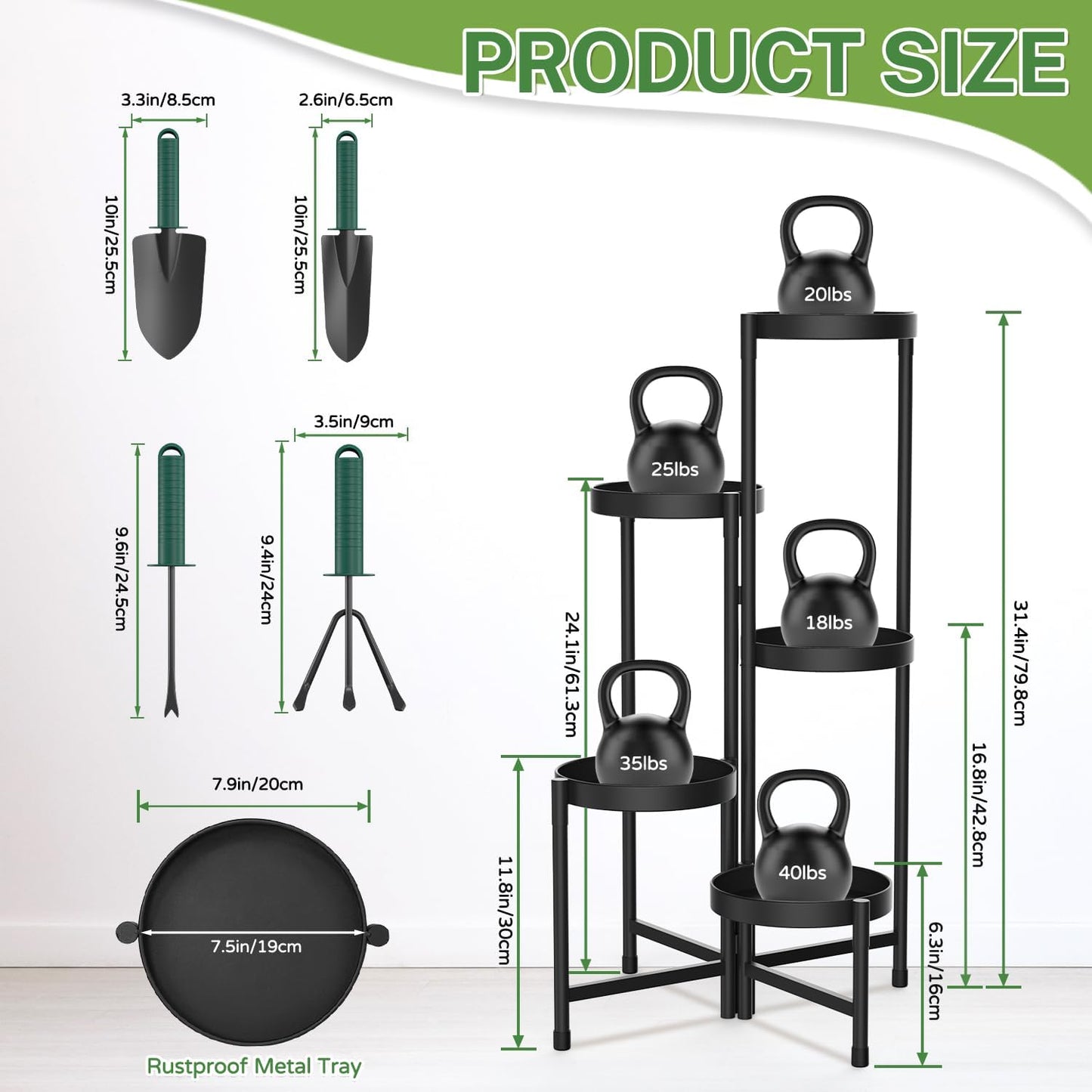 iDavosic.ly Plant Stand with Garden Tools, 5 Tier Corner Metal Flower Display Holder Shelf Indoor Outdoor, Folding Tall Orchid Rack for Patio Balcony Porch Living Room House, Black