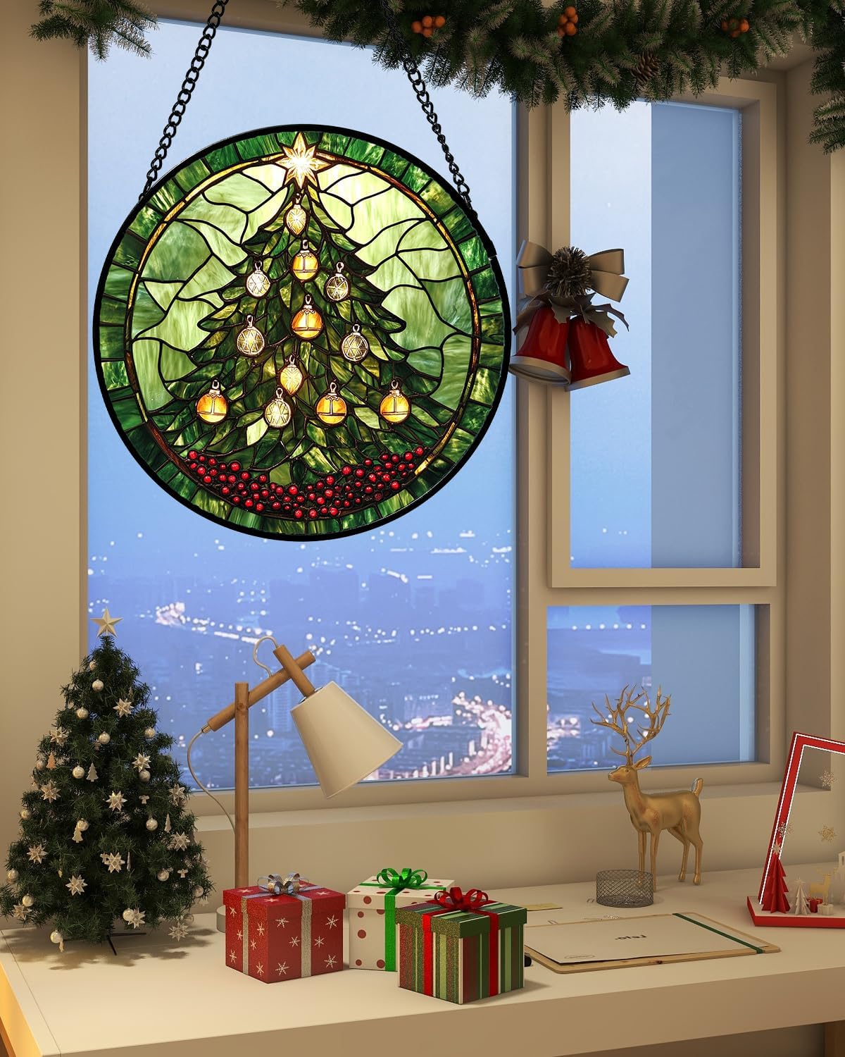 Stained Glass Window Hanging - Green Christmas Tree Golden Bells Suncatcher for Doors Home Christmas Decoration Sun Catcher Thanksgiving New Year Birthday Gift for Women Men Mom Nana 7.8 in