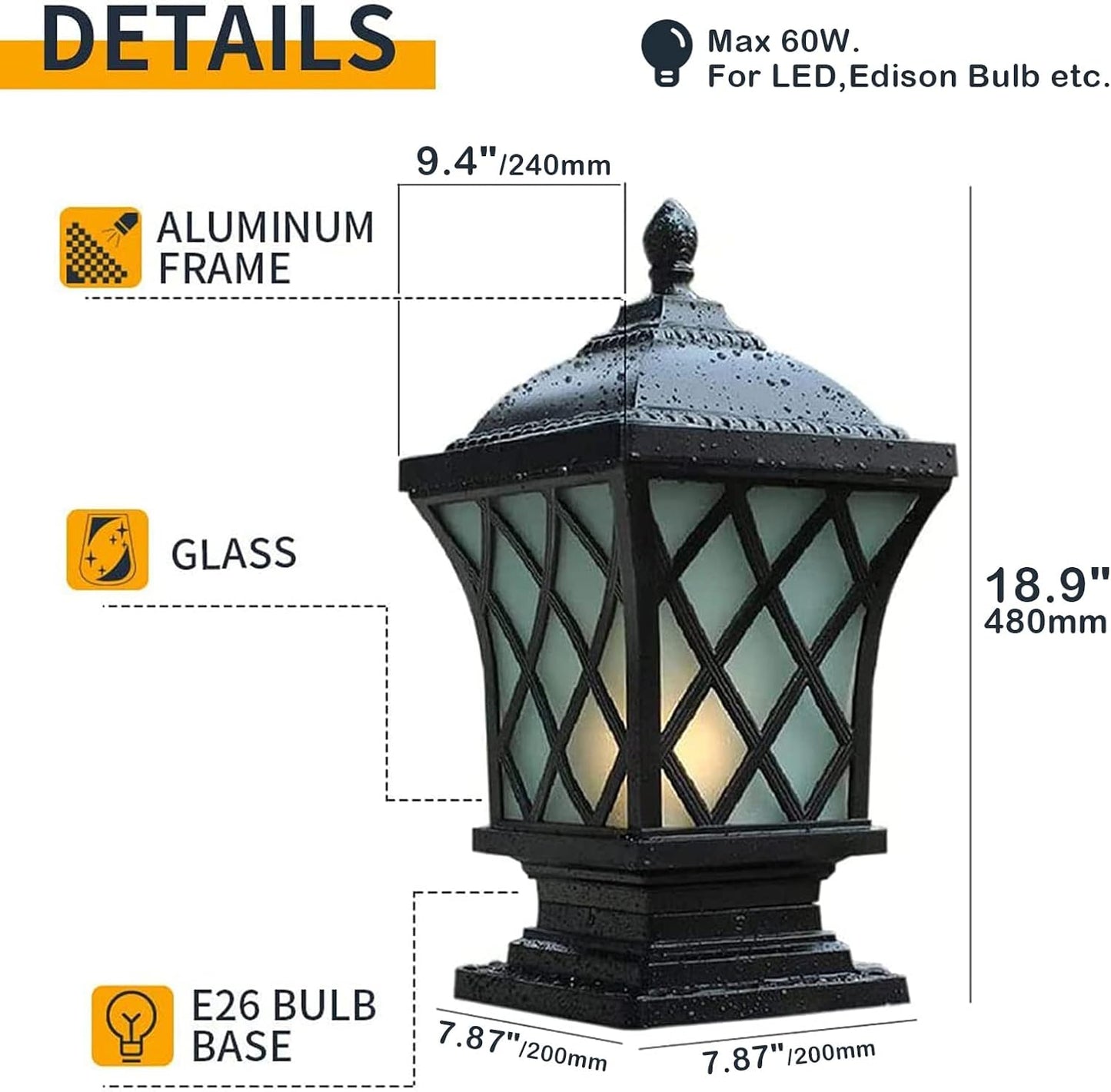 Outdoor Column Lights, 18.9″ Modern Column Lamp IP54 Waterproof Glass Post Light Outdoor E26 Aluminum Fence Post Light Fixtures for Villa Garden Park Lighting Black Pillar Lights