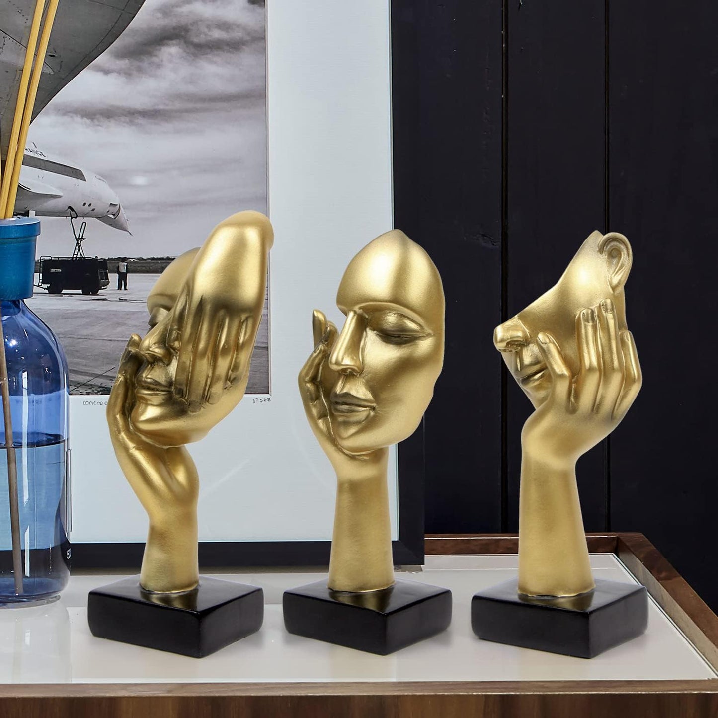 3 Pcs Thinker Statue,Modern Home Resin Sculptures,Collectible Figurines for Home Office Bookshelf Desktop Decor(Golden)