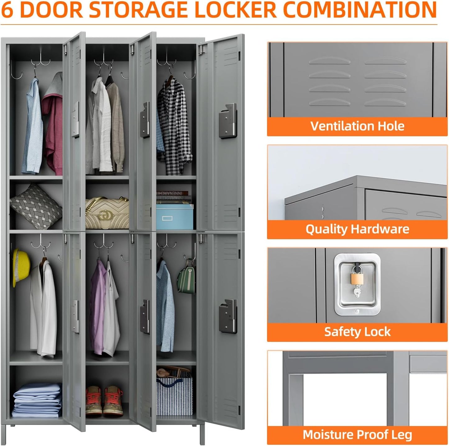 6 Doors Metal Lockers for Employees with 18 Hooks for Offices School Gyms Home,Assembly Required,Light Gray
