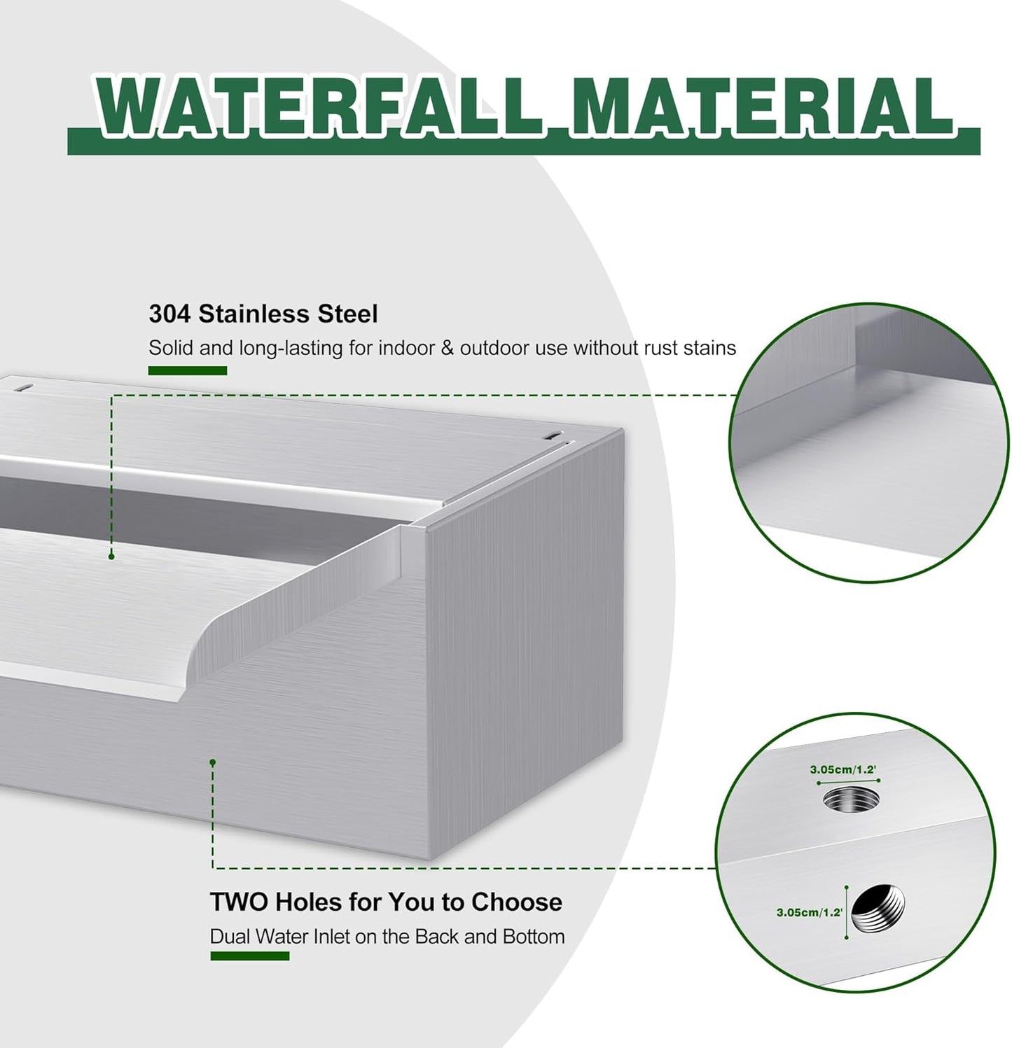 Waterfall Pool Fountain LONGRUNNEW 304 Stainless Steel 23.6" Rectangular Waterfall Spillway, Water Fall Fountain with Pipe Connector for Garden Outdoor, Swimming Pools, Fountains, Pond and Spa