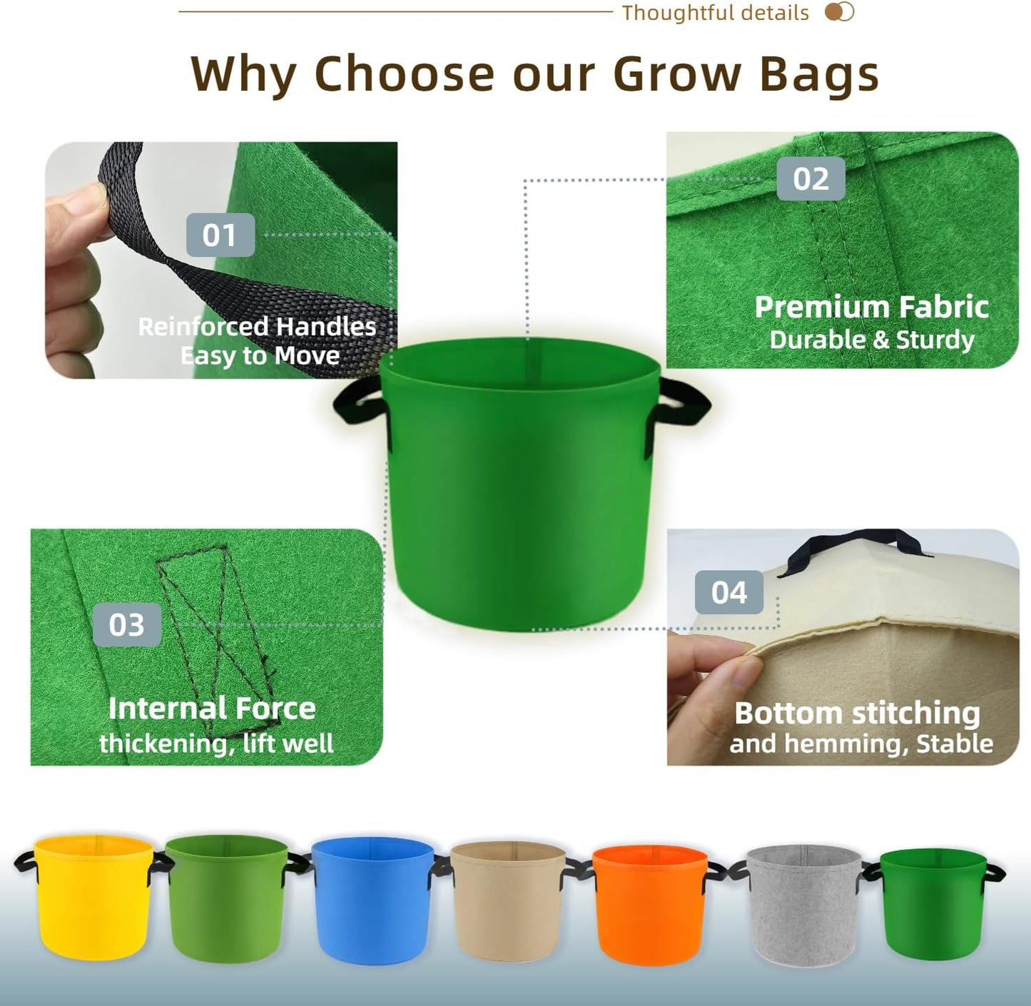 7-Pack 10 Gallon Grow Bags, Multi-Colored Planting Fabric Pots Garden Bags to Grow Vegetables,Flowers,Fruits, Tomato Growing Bag