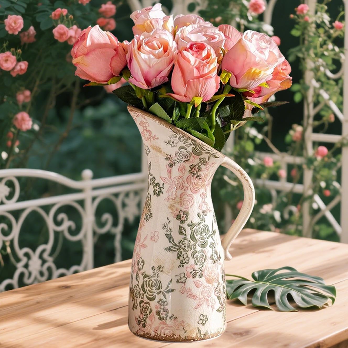 Vintage Ceramic Pitcher Vase with Handle, Farmhouse Green and Pink Large Floral Vases, Chinoiserie Decorative Vase, Rustic Table Centerpiece for Home Decor Living Room, Bookshelf, Office 10.5 Inch