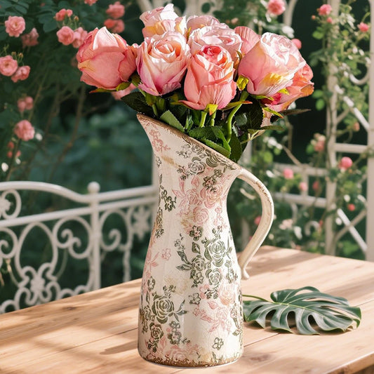 Vintage Ceramic Pitcher Vase with Handle, Farmhouse Green and Pink Large Floral Vases, Chinoiserie Decorative Vase, Rustic Table Centerpiece for Home Decor Living Room, Bookshelf, Office 10.5 Inch