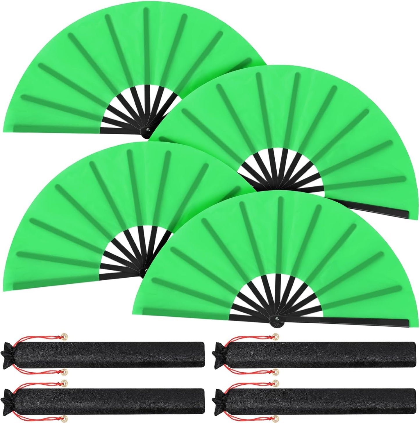 Maitys 4 Packs Large Clap Fans for Line Dancing Large Chinese Folding Hand Fans for Men and Women, Festival, Tai Ji, Kungfu, Martial Art, Gifts (Green)