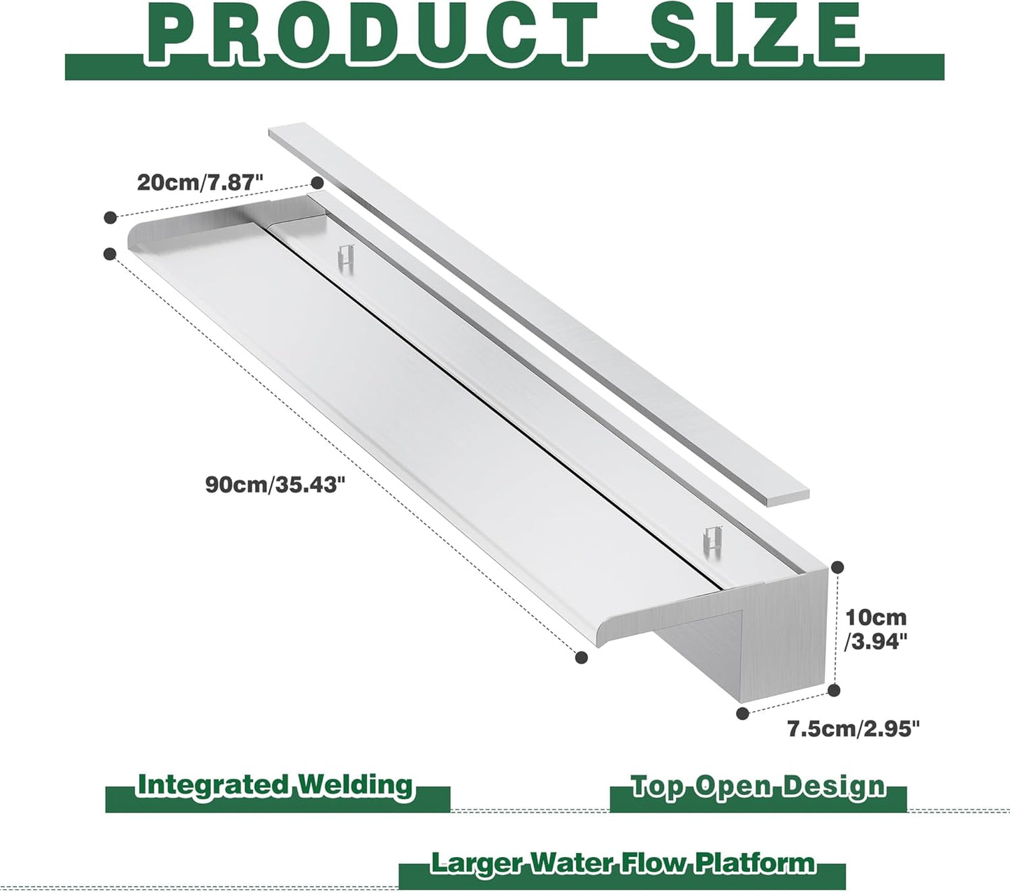 Waterfall Pool Fountain, LONGRUNNEW Stainless Steel Waterfall Spillway with Pipe Connector Kits for Outdoor/Indoor Decorative, 35.4 Inches Pool Water Feature for Garden Patio, Backyard Koi Pond Decor