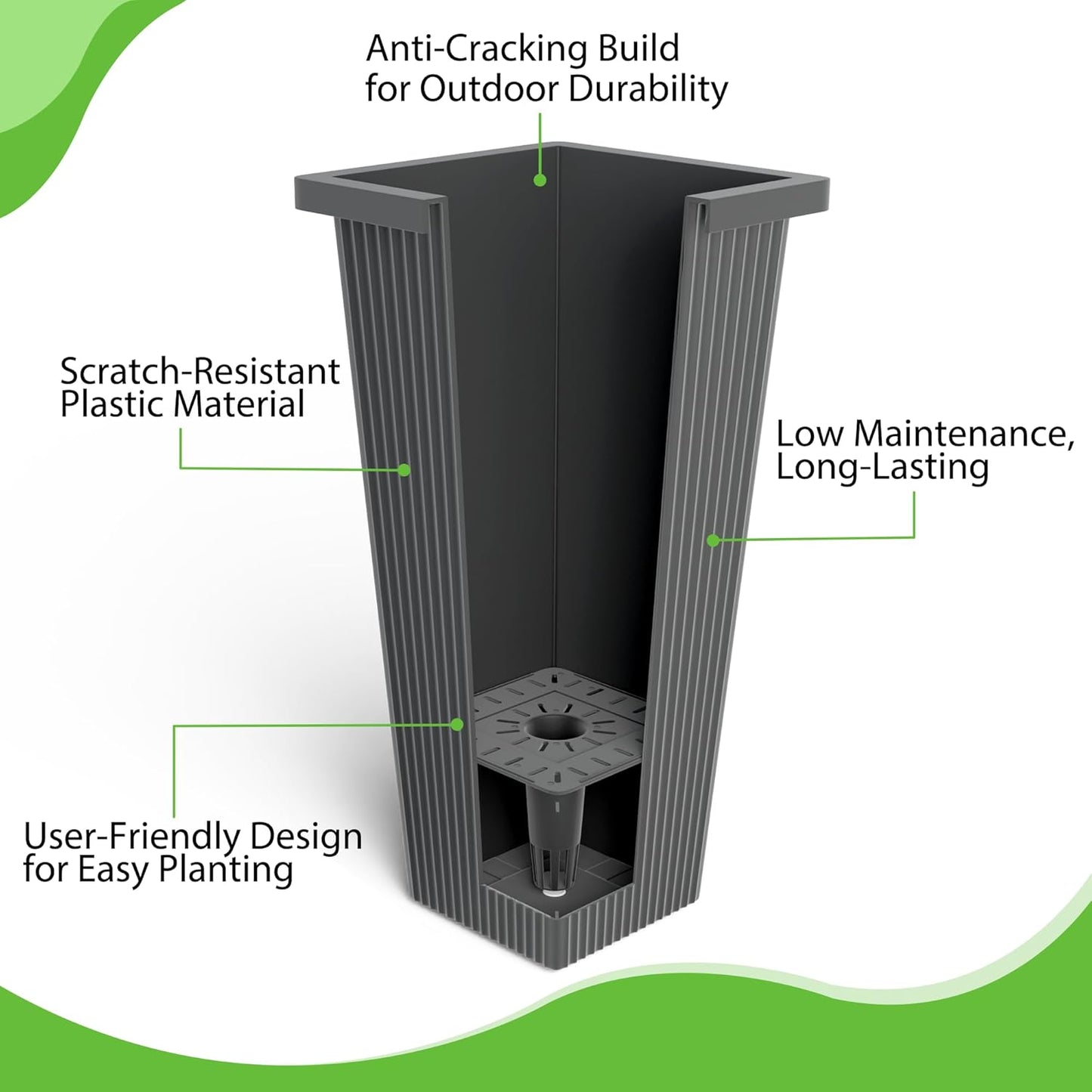 FENCY Set of 2 Tall Planters for Outdoor Plants, 24 Inch Large Tapered Pots with Drainage Trays, Weather-Resistant Plastic Plant Containers for Patio, Porch, Garden, Front Door Decor,Gray,Striped