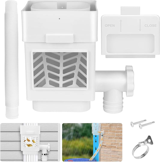 WADEO Rainwater Collection System, Downspout Diverter Fits for 2"x 3" or 3"x 4" Residential Downspouts, Rain Barrel Diverter Kit with Adjustable Valve and Filter, 5FT Hose, White