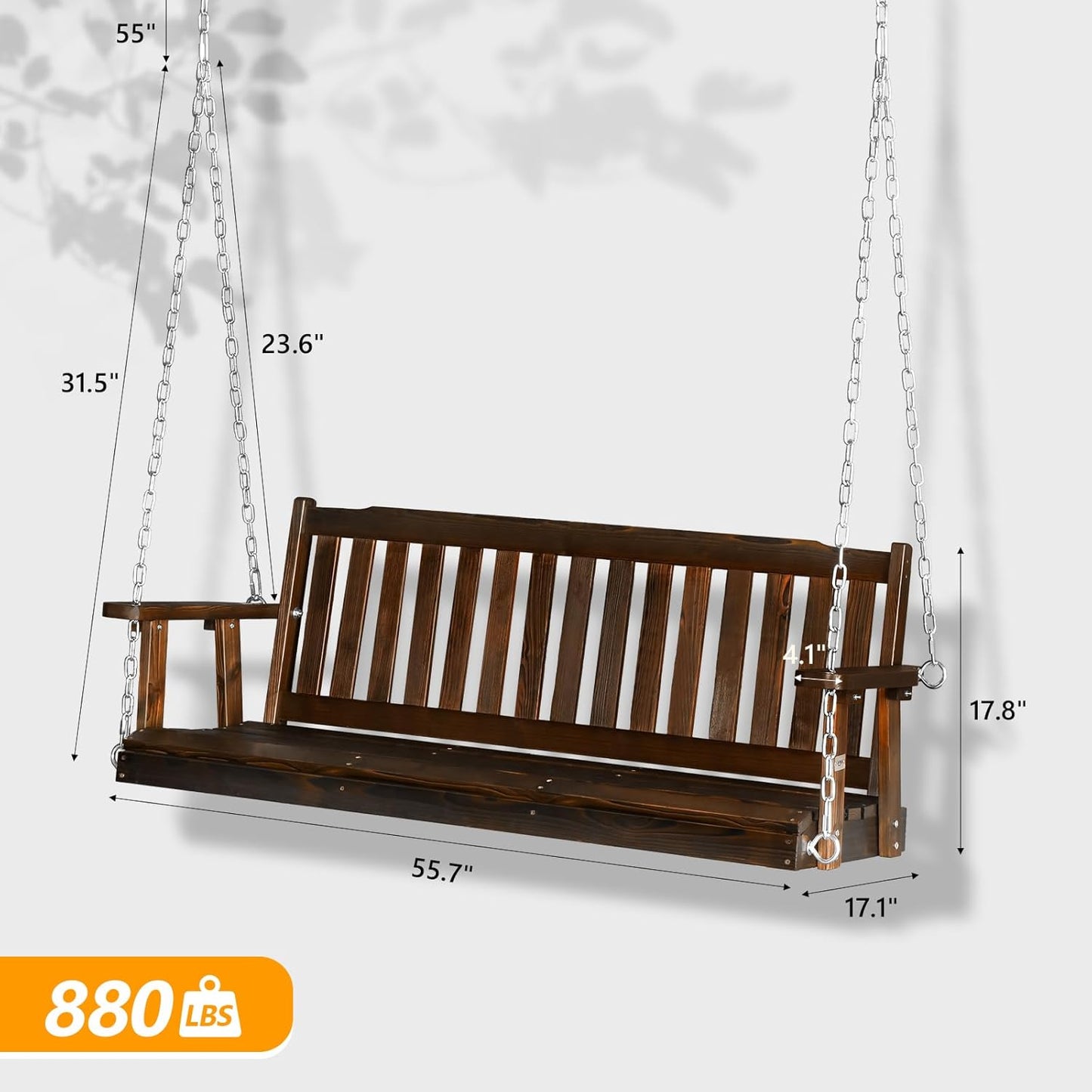 VINGLI Heavy Duty 880 LBS 5 FT Patio Wooden Porch Swing Outdoor with Upgraded Adjustable Chains, Outdoor Hanging Swing Bench for Garden, Yard, Balcony (5 FT, Rustic)