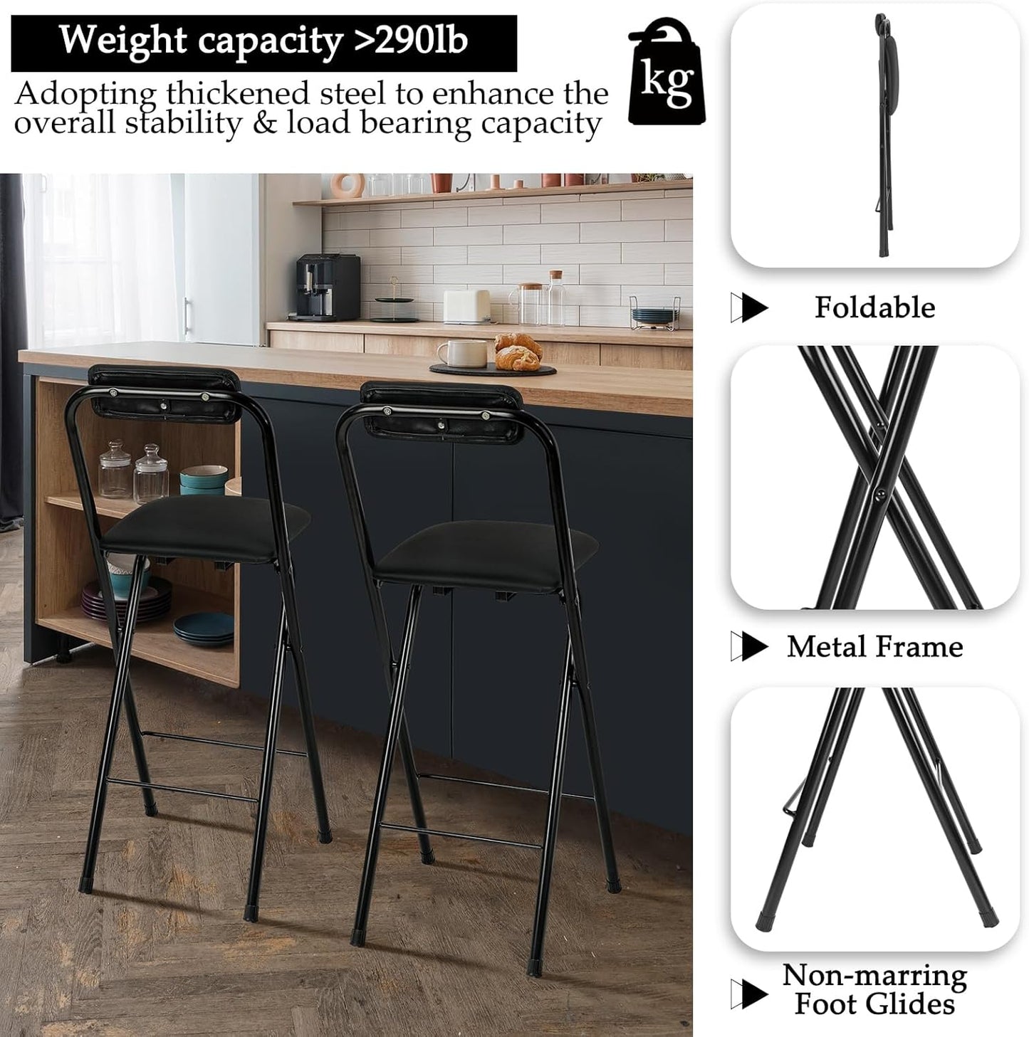 Thyle 2 Pcs Folding Bar Stool with Backrest, Tall Foldable Stool Chair Portable High Folding Bar Chair Counter Height Seat Leather Padded for Kitchen Island Shop Cafe Dining Room Black (29.5 Inch)