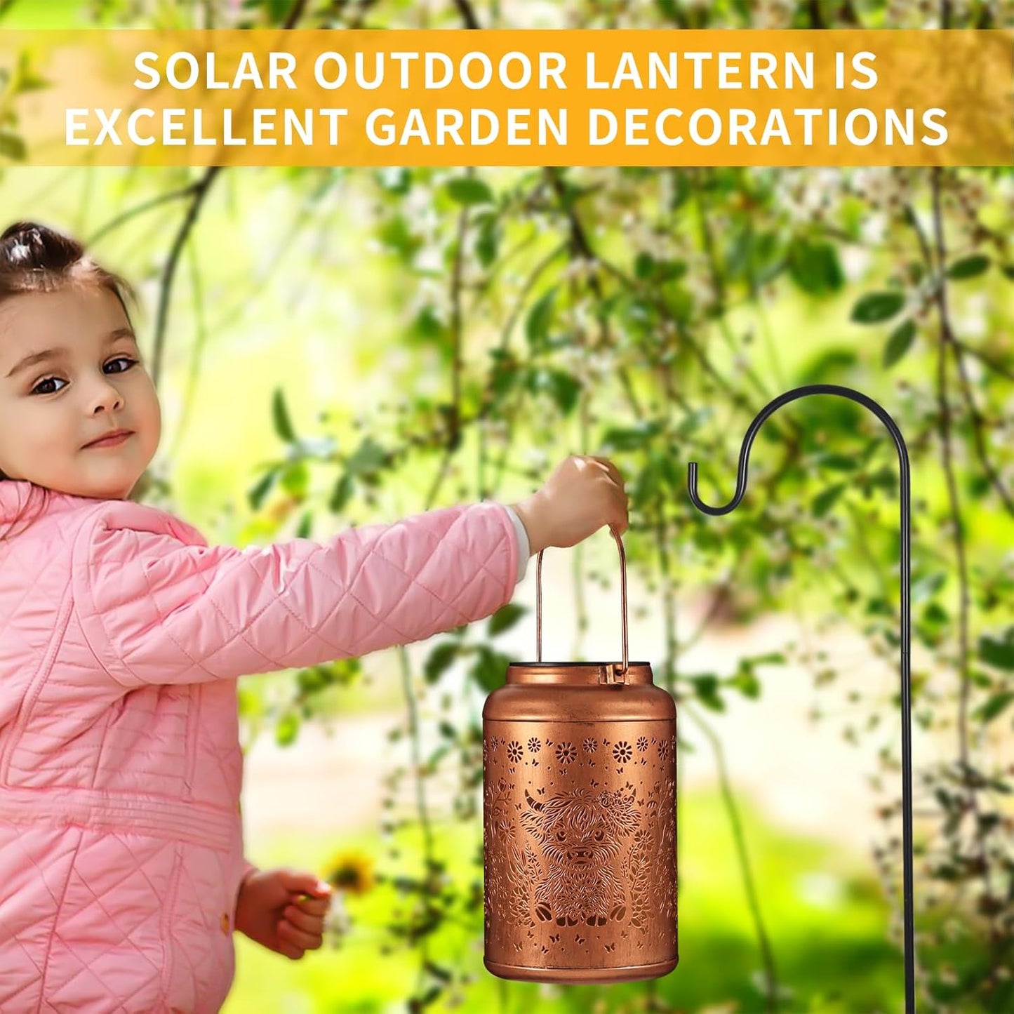 Solar Lanterns Outdoor Waterproof Garden Decor Birthday Gifts for Women Mom Grandma Hanging Solar Lights Metal Decoration Outside for Yard, Patio (Highland Cattle)