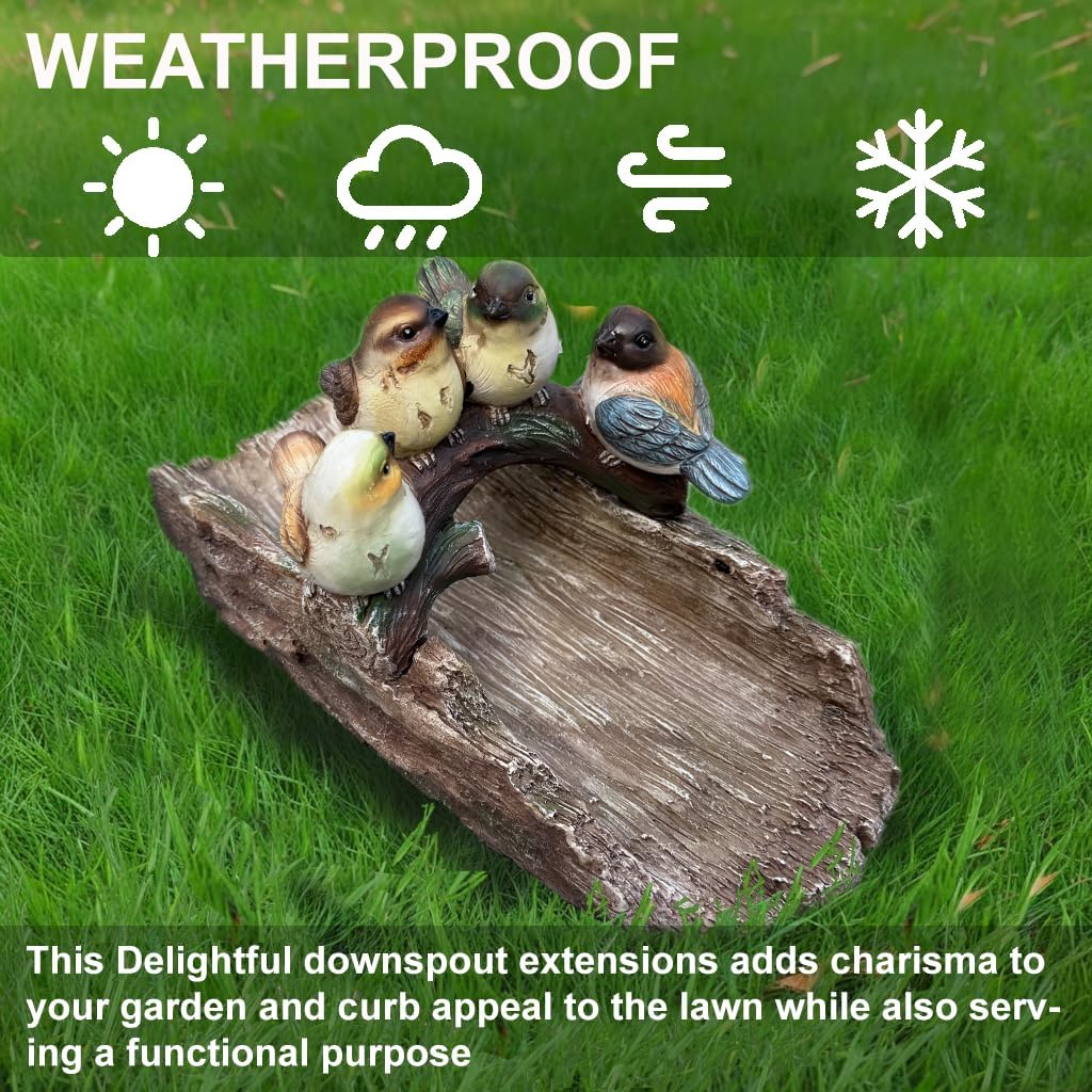 Bird Splash Block - Decorative Resin Gutter Downspout Diverter, 11” x 6.1” x 6.9”, Durable Water Flow Protector for Yard, Garden & Patio, Functional Outdoor Four Birds Statue for Rainwater Drainage