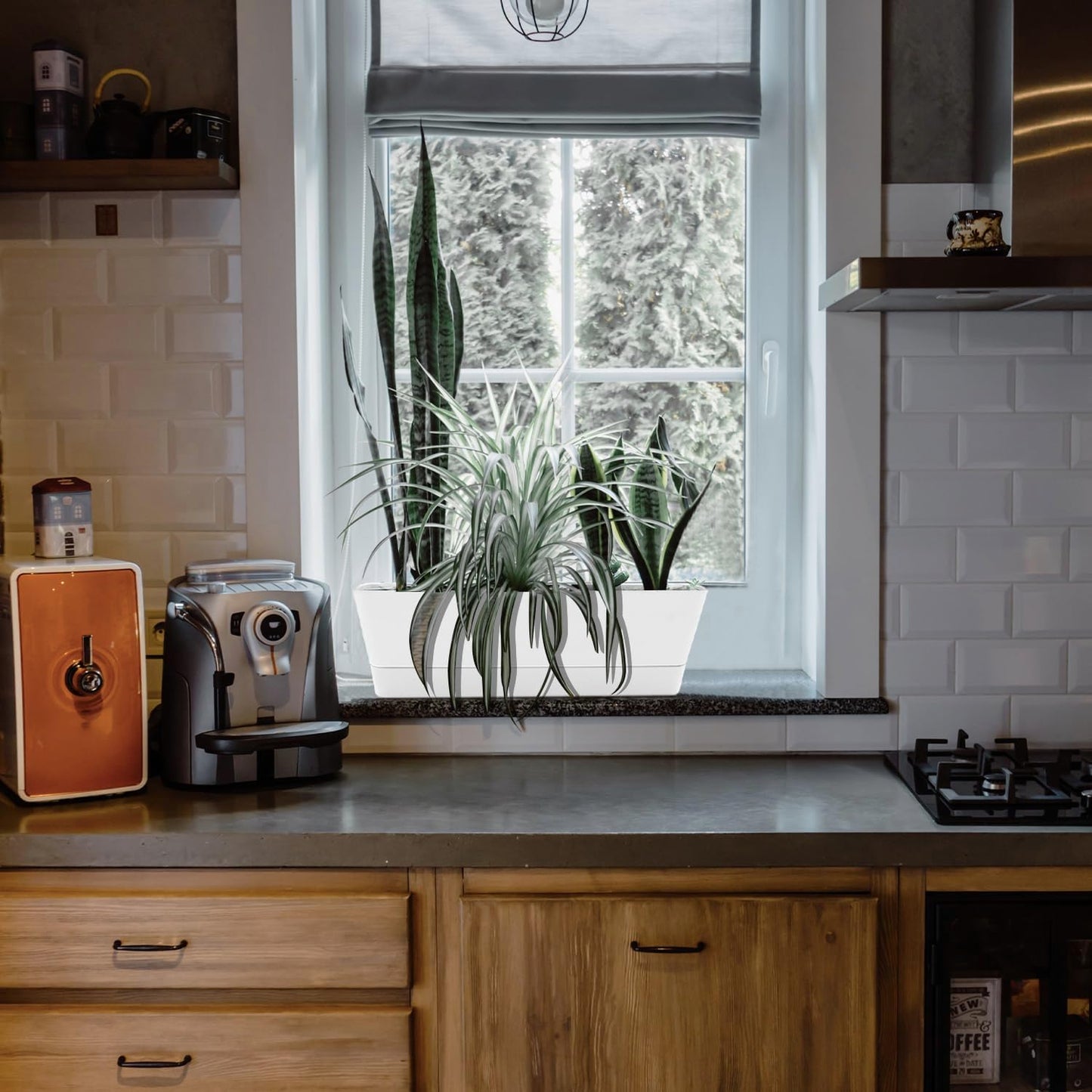 Lainrrew 3 Pack Window Box Planters, 12 Inches Rectangular Planter Plastic Flower Box Plant Pots Plant Containers with Tray for Balcony, Windowsill, Garden, Home Office Outdoor Decoration, White