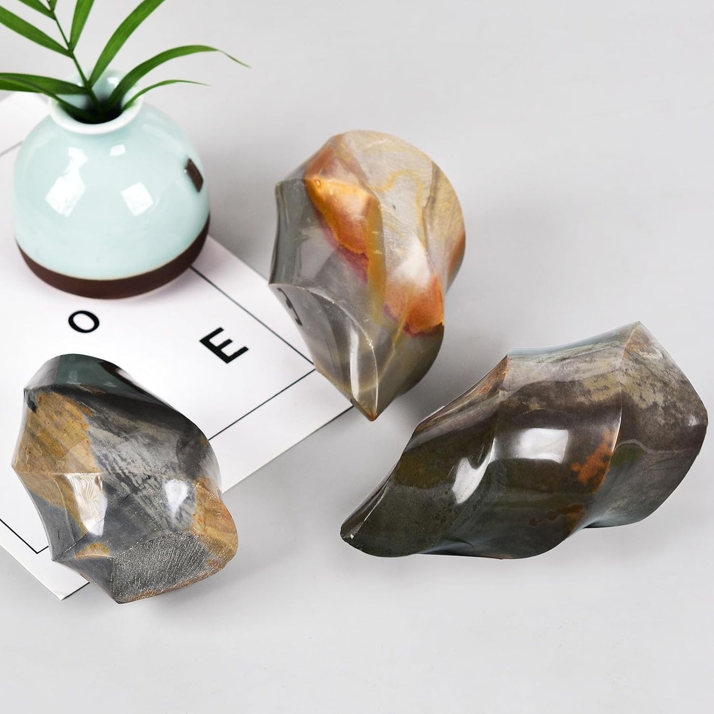 AMOYSTONE Polychrome Jasper Flame Shaped Stone Towers Obelisk Natural Healing Crystal Quartz Reiki Energy Decoration Home Office 1.0-1.5LBS