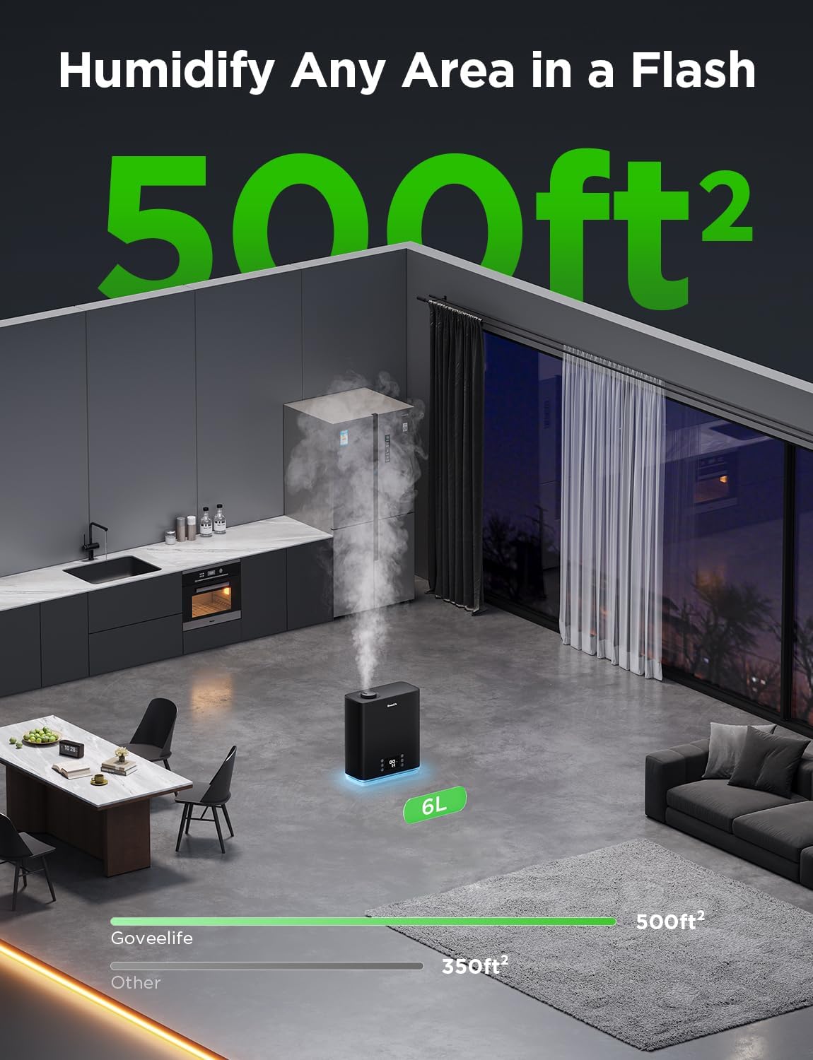 GoveeLife Smart Humidifiers for Bedroom Large Room, Top-Fill Cool Mist 6L WiFi Air Humidifier, Auto Mode, App & Voice Control, 60H Runtime, Rapid Humidification, RGB Nightlight Baby Plants, Black