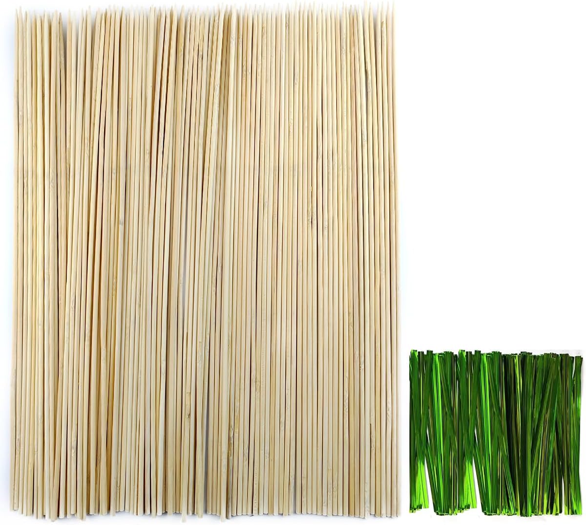 TIHOOD 100PCS 18" Wooden Garden Stakes with 100PCS 4" Garden Ties, Green Bamboo Sticks, Floral Plant Support, Tomato Stakes (Natural)