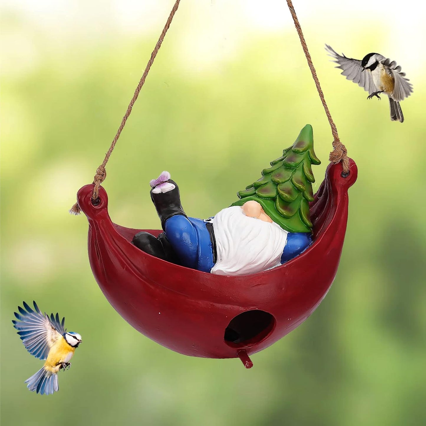BAYN Bird House for Outside, Hanging Handcrafted Hammock Gnome Resin Outdoor birdhouses Humming Bird, Bluebird, Wren, Camper Hanging Houses nest cage