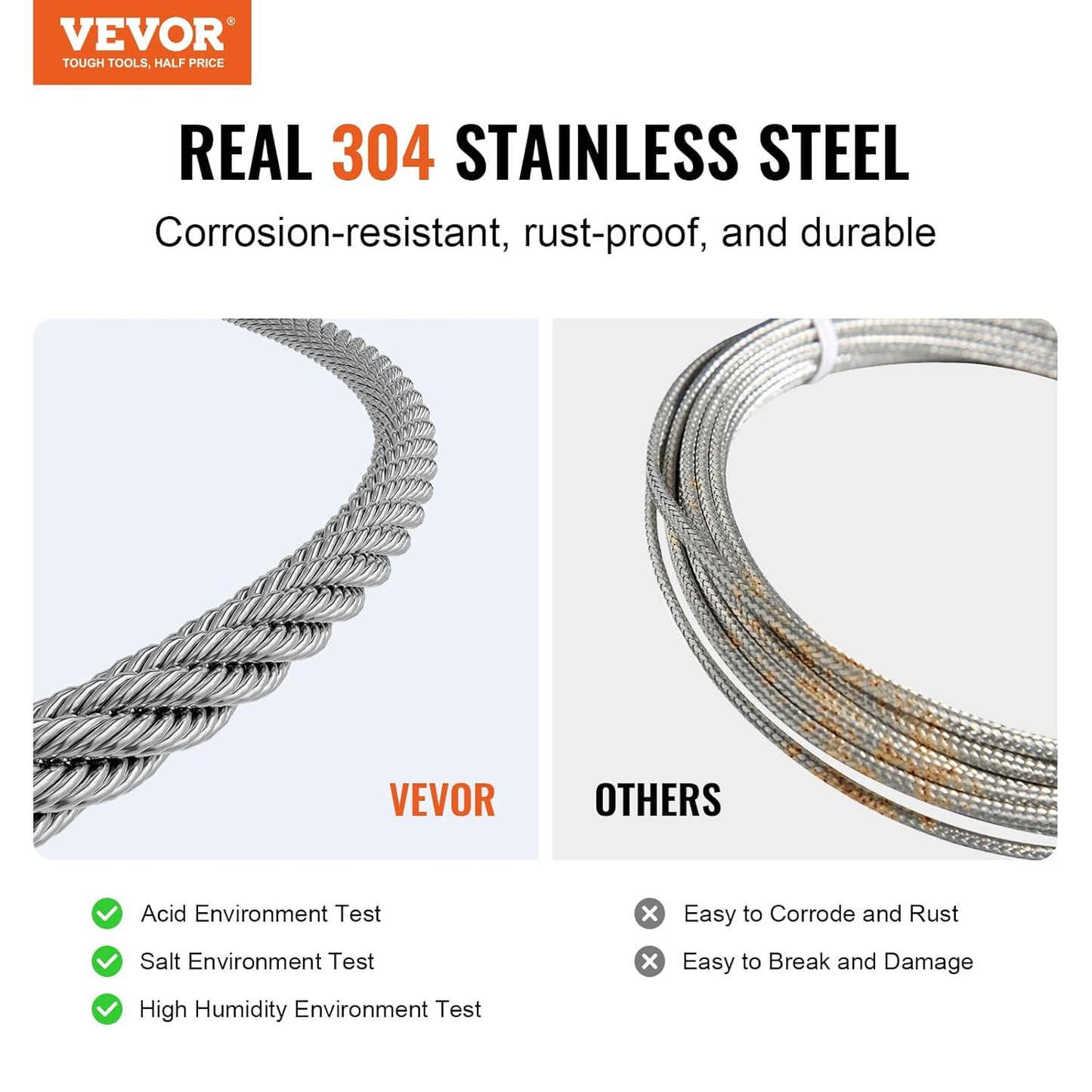 VEVOR 1/16 Wire Rope Kit, 66 FT Wire Rope Crimping Tool 304 Stainless Steel Cable, 160 Sleeves, 12 Thimbles, 7x7 Strands Construction Marine Aircraft Grade for Handrail Stair Decking Fence Outdoors