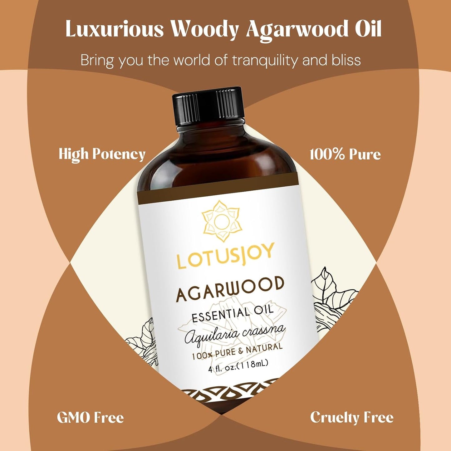 Agarwood Essential Oil, Pure Natural Organic Oud Essential Oil for Diffuser Meditation and DIY Cosmetic Making - 4 Oz