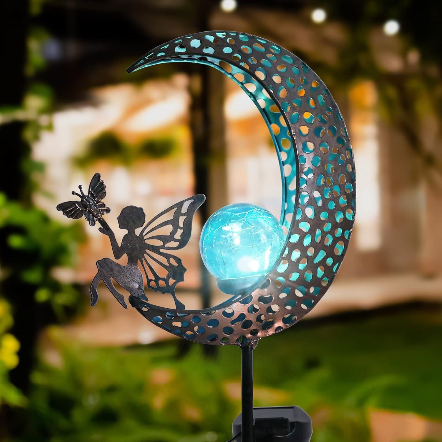 Bshine Moon Solar Light Outdoor Garden Decoration, Moon Fairy Garden Statue Outdoor Decor,Metal Waterproof Light Stake for Patio, Path, Yard and Lawn Ornament, Housewarming Gift for Mom,Blue