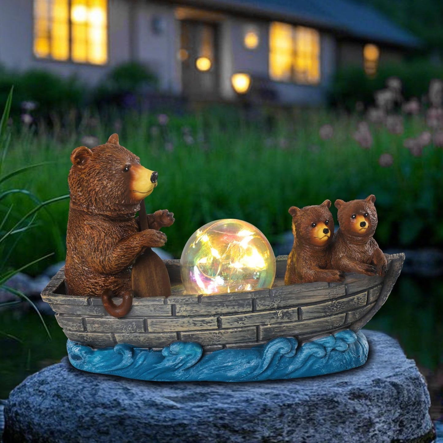 Solar Bears Boating Statue with Ball Light 5" Resin Bear Figurines Waterproof Bear Decorations for Home Yard Patio Porch Balcony Best Garden Gifts for Women Mothers Grandmothers Sisters