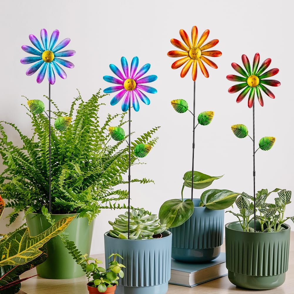 DREAMYSOUL 4 Packs Metal Flowers Wind Spinners Outdoor, Pinwheel Decorative Garden Stakes, Metal Small Wind Spinner for Yard and Garden Decor