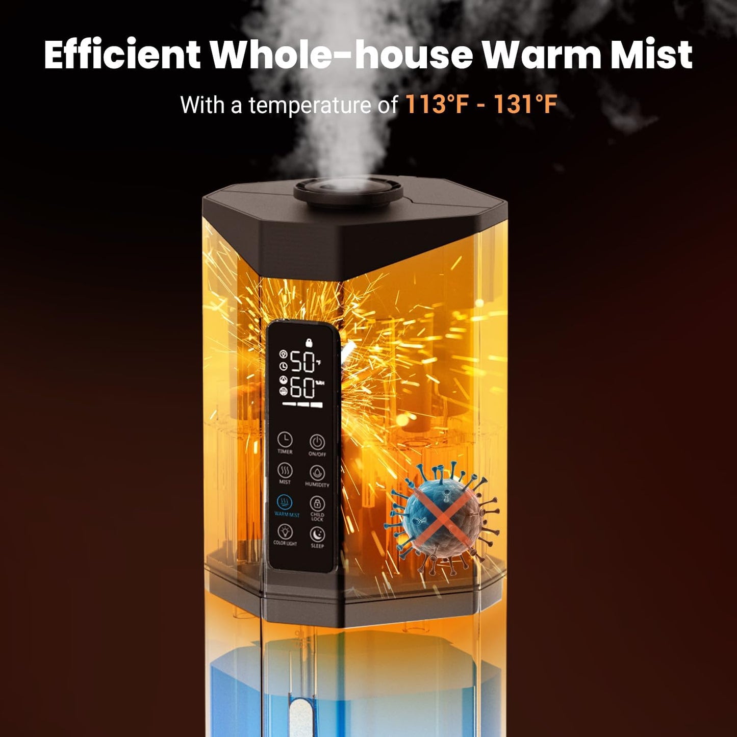 Humidifiers for Bedroom - GloryAir 2.38Gal/9L Top Fill Warm & Cool Mist Humidifier for Large Room 750ft² with Auto Mode 7-Color Light, Humidistat, Quiet Humidifier for Plants Baby Adults Home & Office