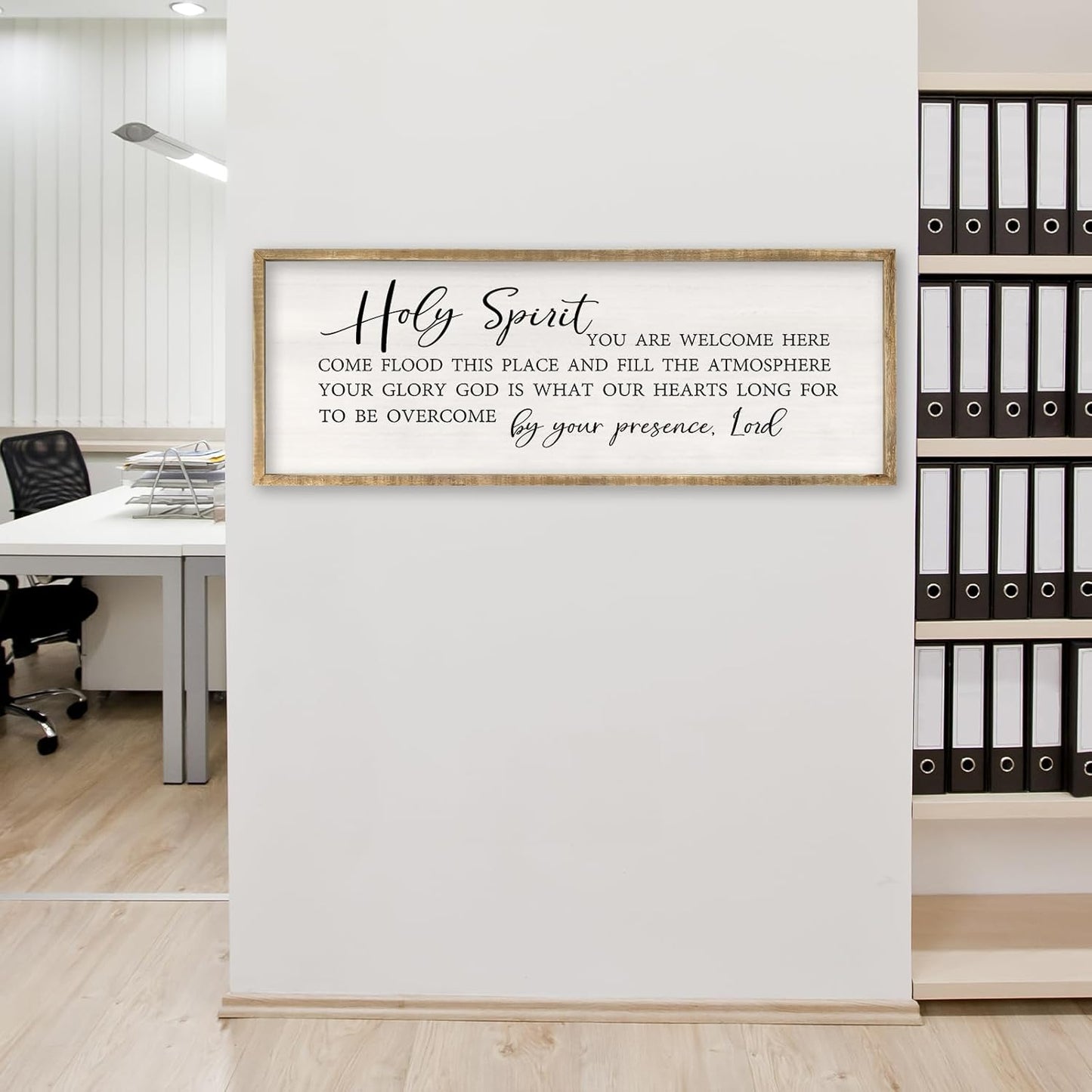 RLWangChao Christian Inspirational Wall Decor Holy Spirit You are Welcome Here Sign 32×12 Inch Bible Verse Plaque Religious Scripture Quote for Living Room Large Wood Framed Wall Hanging (Wood)