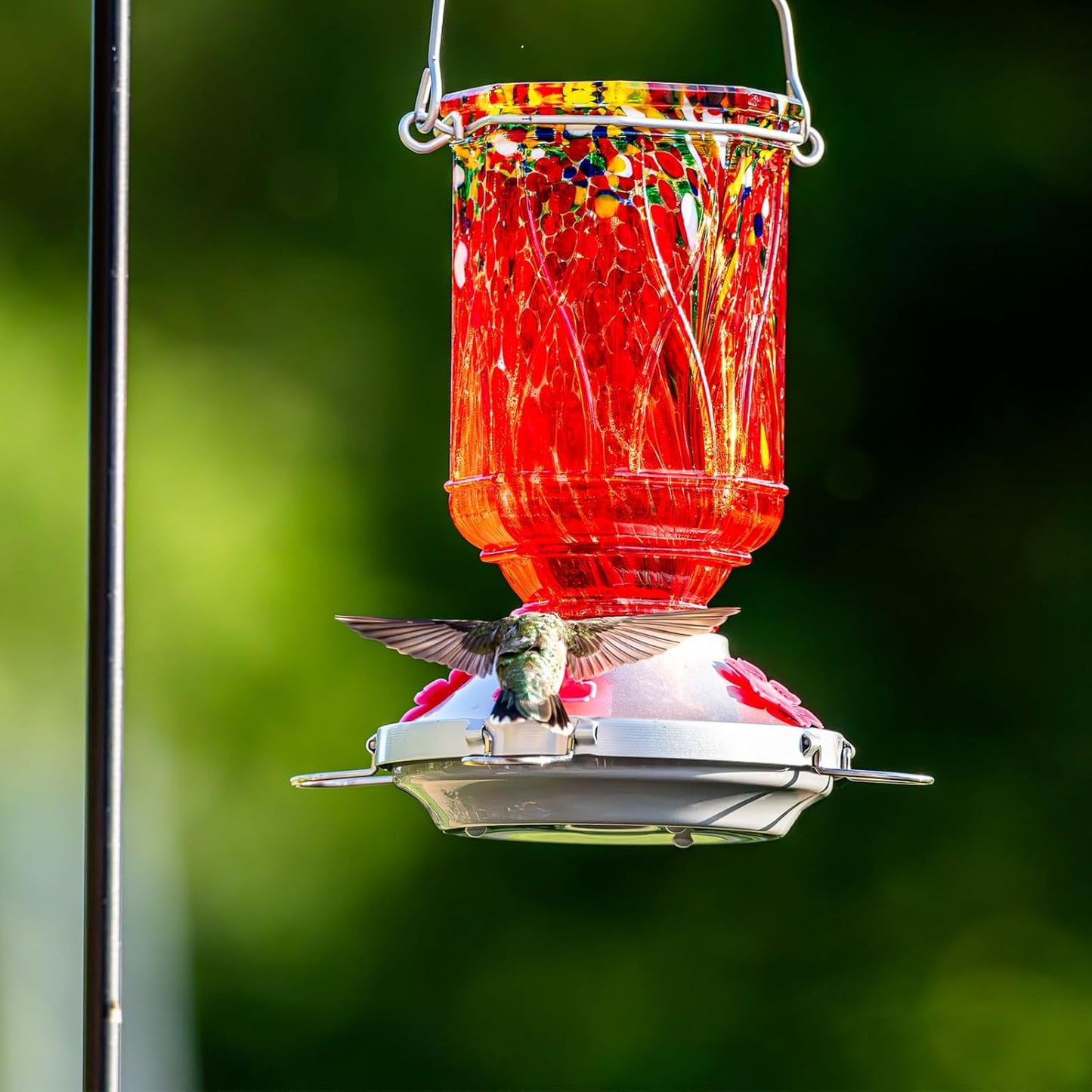 Hummingbird Feeders for Outdoors with Ant Moat, Hand Blown Glass Hummingbird Feeder, 4 Feeding Ports with Perch, Outdoor Garden Décor, 15 OZ, Red, Gifts for Mom Wife Dad Men Women