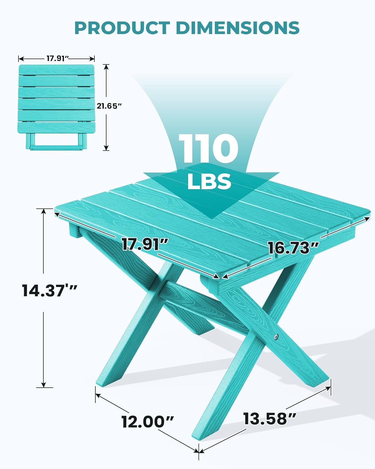 SERWALL Adirondack Side Table, No Assembly Outdoor End Table, HDPE Small Folding Table for Backyard Pool Porch, Aruba