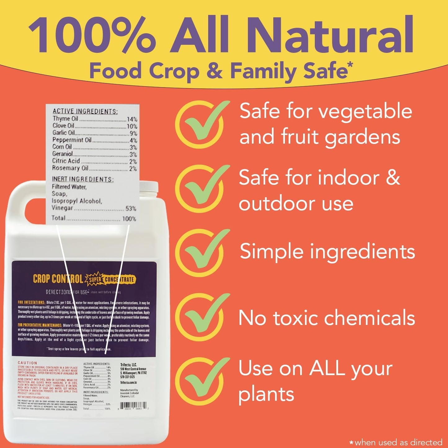 Trifecta Crop Control Super Concentrate All-in-One Natural Pesticide, Fungicide, Miticide, Insecticide, Help Defeat Spider Mites, Powdery Mildew, Botrytis, Mold, and More on Plants - Gallon