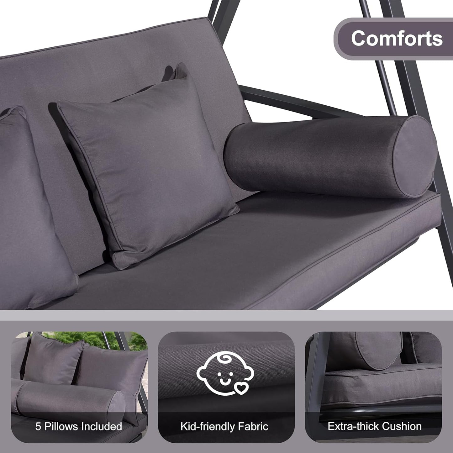 PURPLE LEAF Outdoor Patio Porch Swing Adjustable Backrest, 3-seat Swing Chair with Weather Resistant Steel Frame for Backyard Front Porch Lawn, Cushion and Pillows Included, Grey