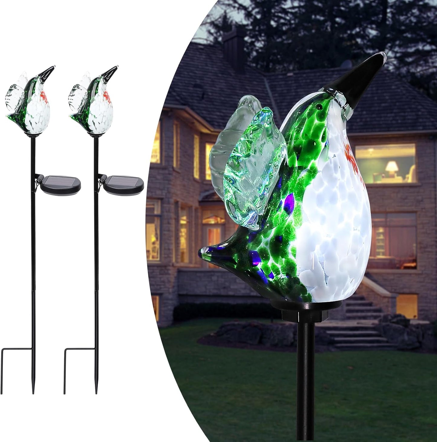 Afirst Solar Hummingbird Garden Stake Lights Hand Blown Glass Decorative Garden Pathway Lights Outdoor Waterproof Bird Glass Stakes 2 Pack