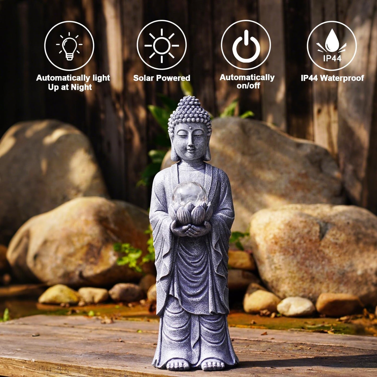 Goodeco Buddha Statue with Solar Lotus – 18.2 Inch Tall Large Garden Buddha Statue for Outside, Outdoor Zen Garden Statues