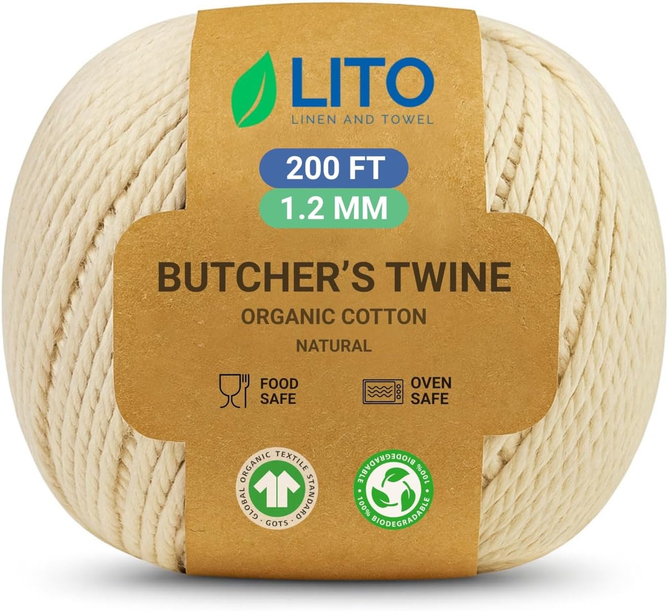 Organic Butcher’s Twine for Cooking & Trussing – 1.2mm Heavy-Duty Natural Cotton Kitchen Twine 200 Feet – Food-Safe, Oven-Safe String for Meat, Turkey, Baking, & Crafts