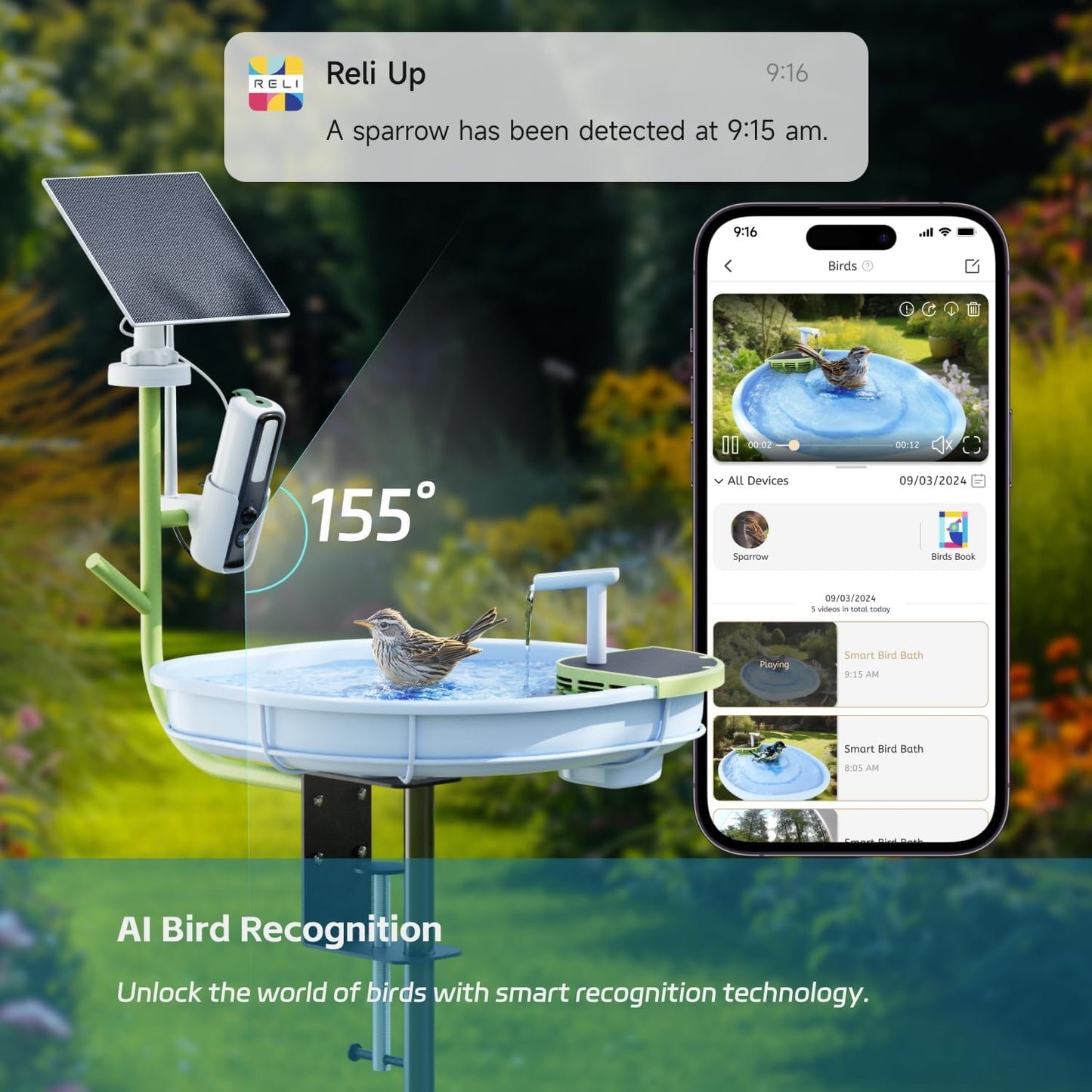 RELI Birddy Original Smart Bird Bath with Camera Solar Powered, Automatic Flowing Birdbath with Birds Watching Camera, AI Identify, Live View, Instant Notify, Ideal Gift for Bird Lovers