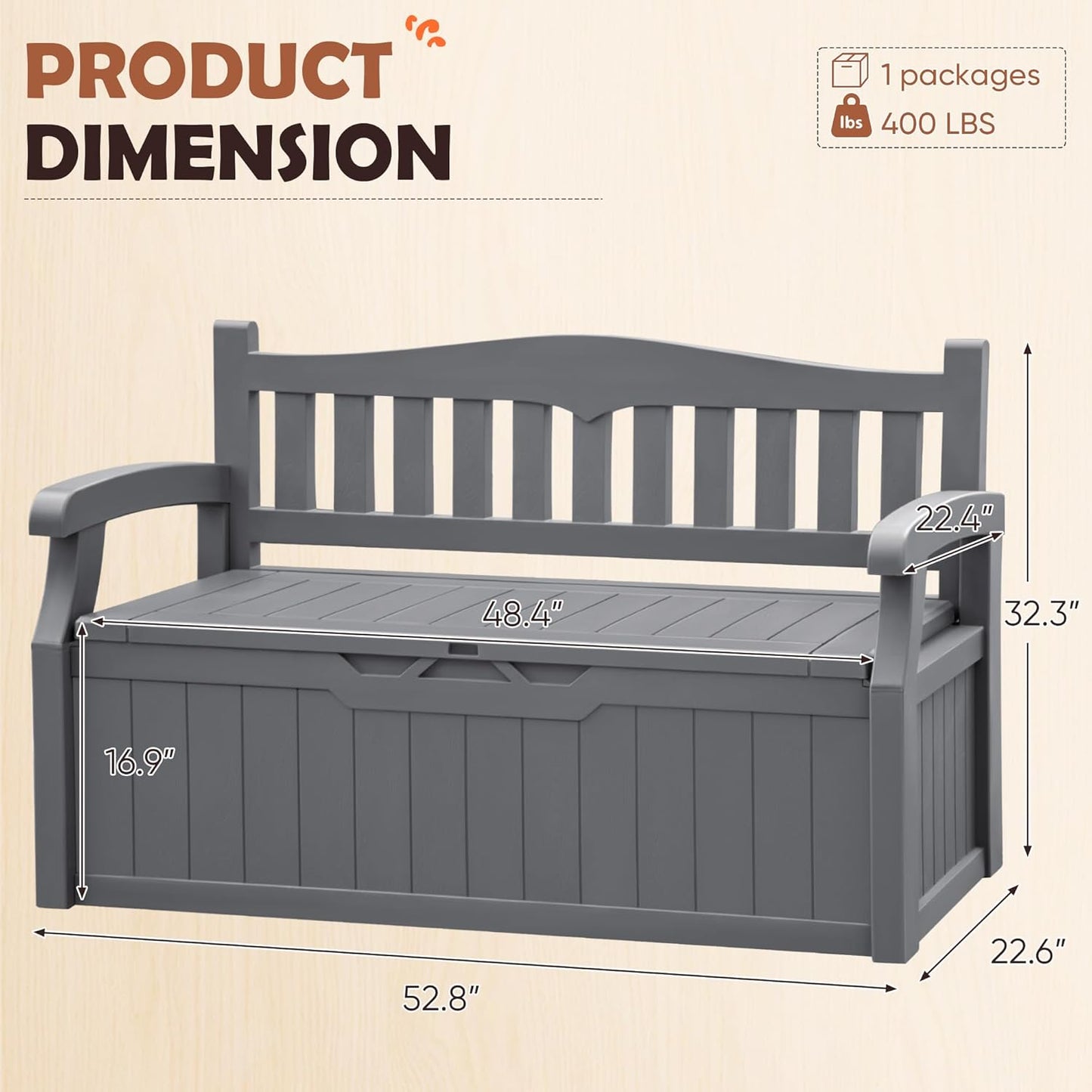 JUMMICO 80 Gallon Resin Outdoor Storage Bench, Large Deck Box with Armrest, Lockable & Waterproof for Garden, Home, Patio, Pools (Grey)