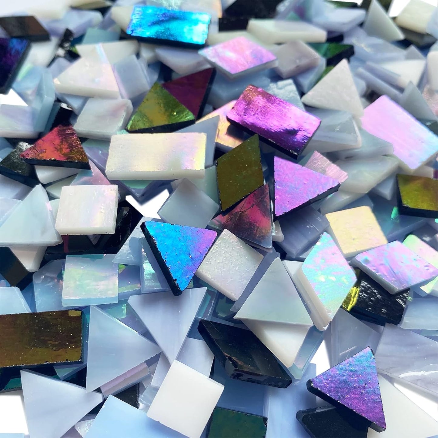 510 Pieces Stained Glass Mosaic Tiles for Crafts Bulk, Mixed 4 Shapes Iridescent Black White Gray Colors Mosaic Kit for Adults Kids, KALUCION Stained Glass Supplies for Mosaics