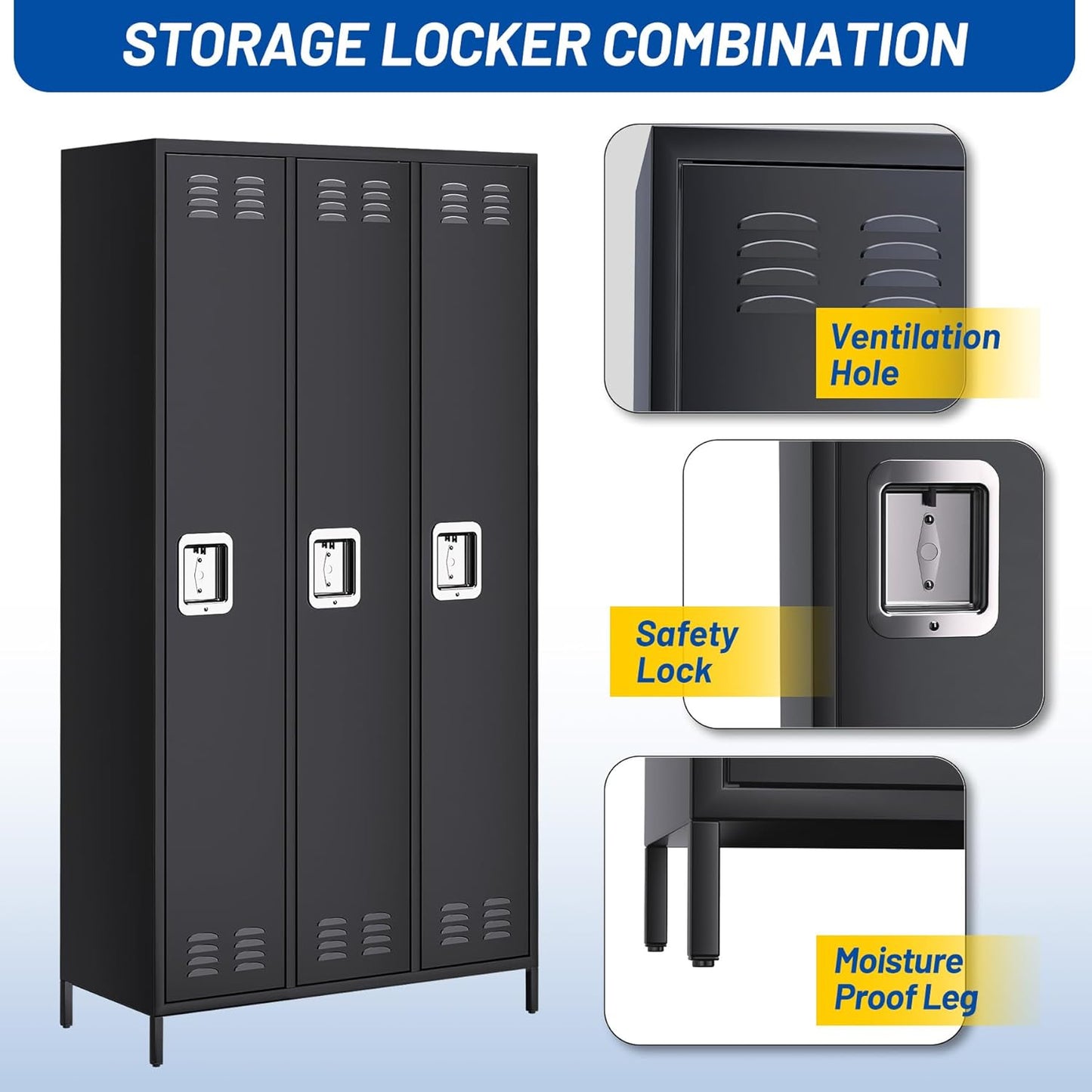 3-Door Metal Locker with Lock, 71”H Metal lockers for Employees, Multi-Use Storage Locker for Employees, School, Office, Gym, Home, Garage, Industrial - Assembly Required