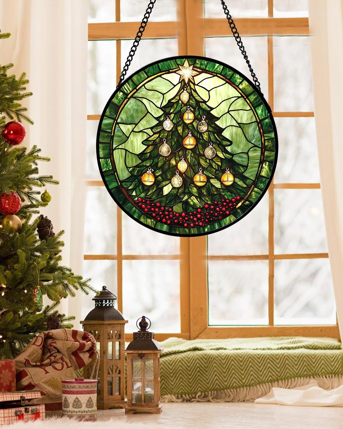 Stained Glass Window Hanging - Green Christmas Tree Golden Bells Suncatcher for Doors Home Christmas Decoration Sun Catcher Thanksgiving New Year Birthday Gift for Women Men Mom Nana 15 in