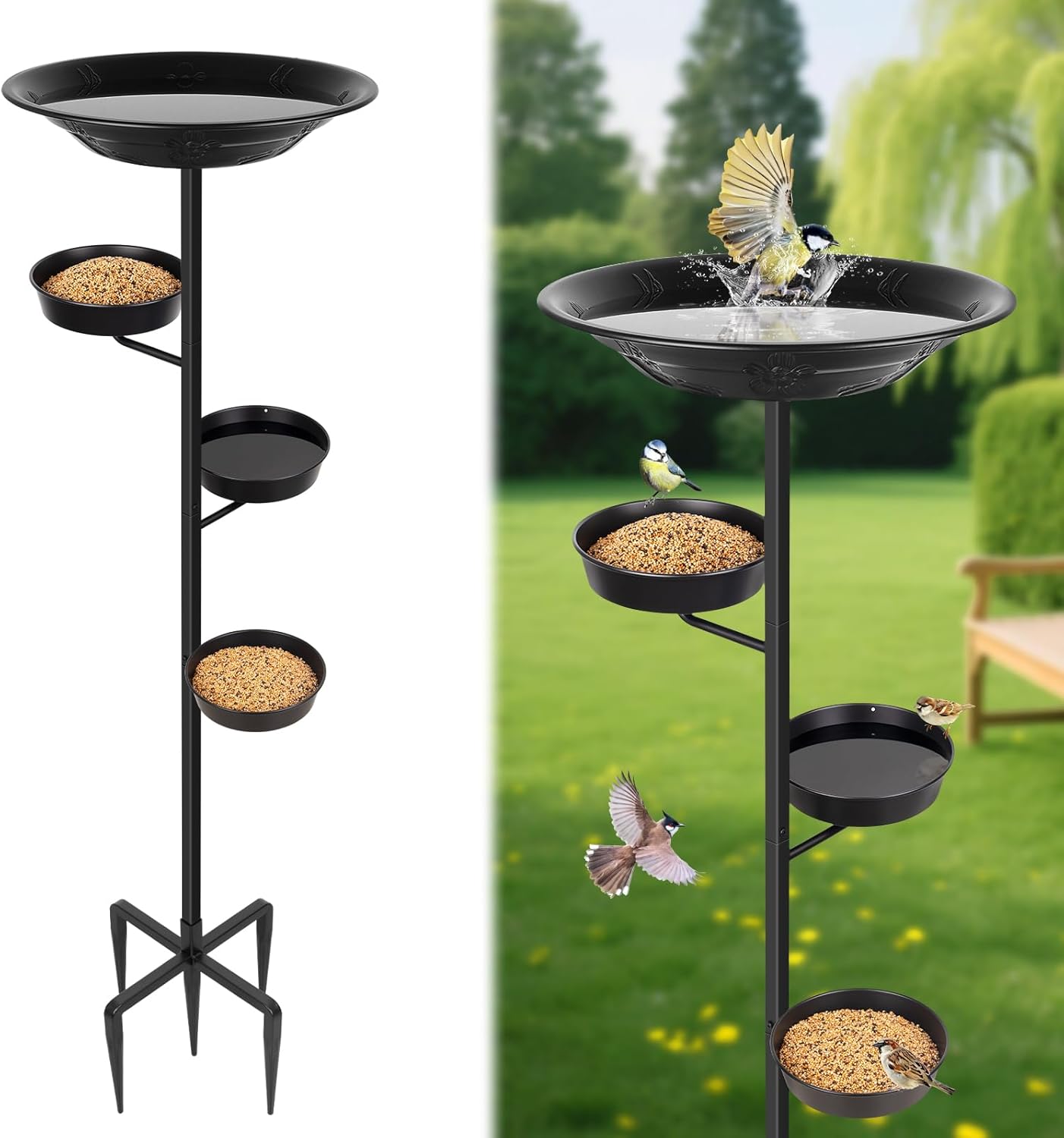 BOLITE Bird Bath for Outside, Metal Freestanding Birdbaths with Large Water Basin, Small Water Basin and Two Small Seed Bowls, Outdoors Garden Patio Yard Lawn Decor, Upgraded 5-Pronged Base, Black
