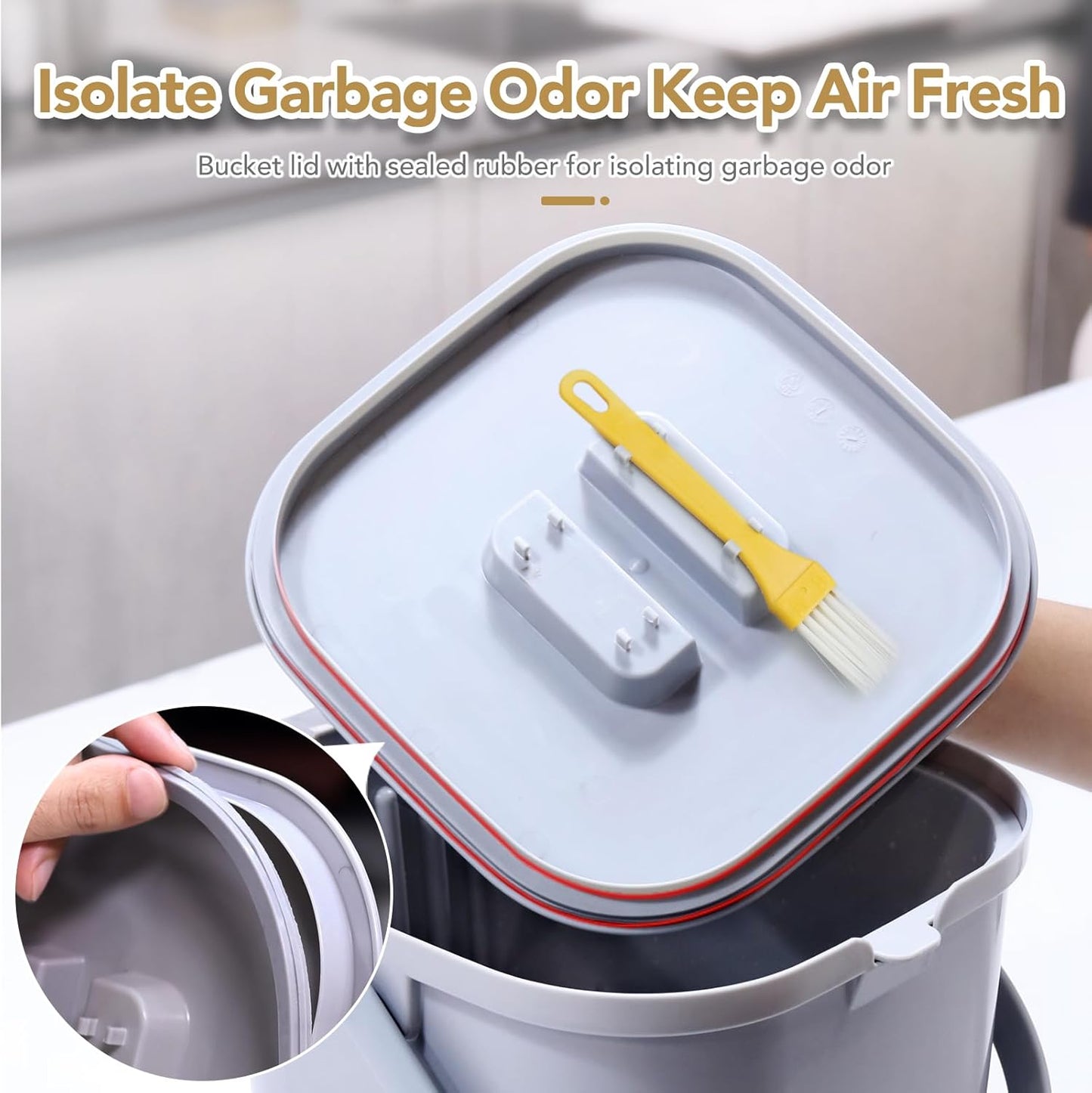 DrDirt Kitchen Compost Bin, 7L(1.85 Gal) Kitchen Compost Bin Countertop with Sealed Silicone Ring Lid, Odor-Control, Liquid Separation, Easy to Clean, for Cooking Family and Home Party, Gray