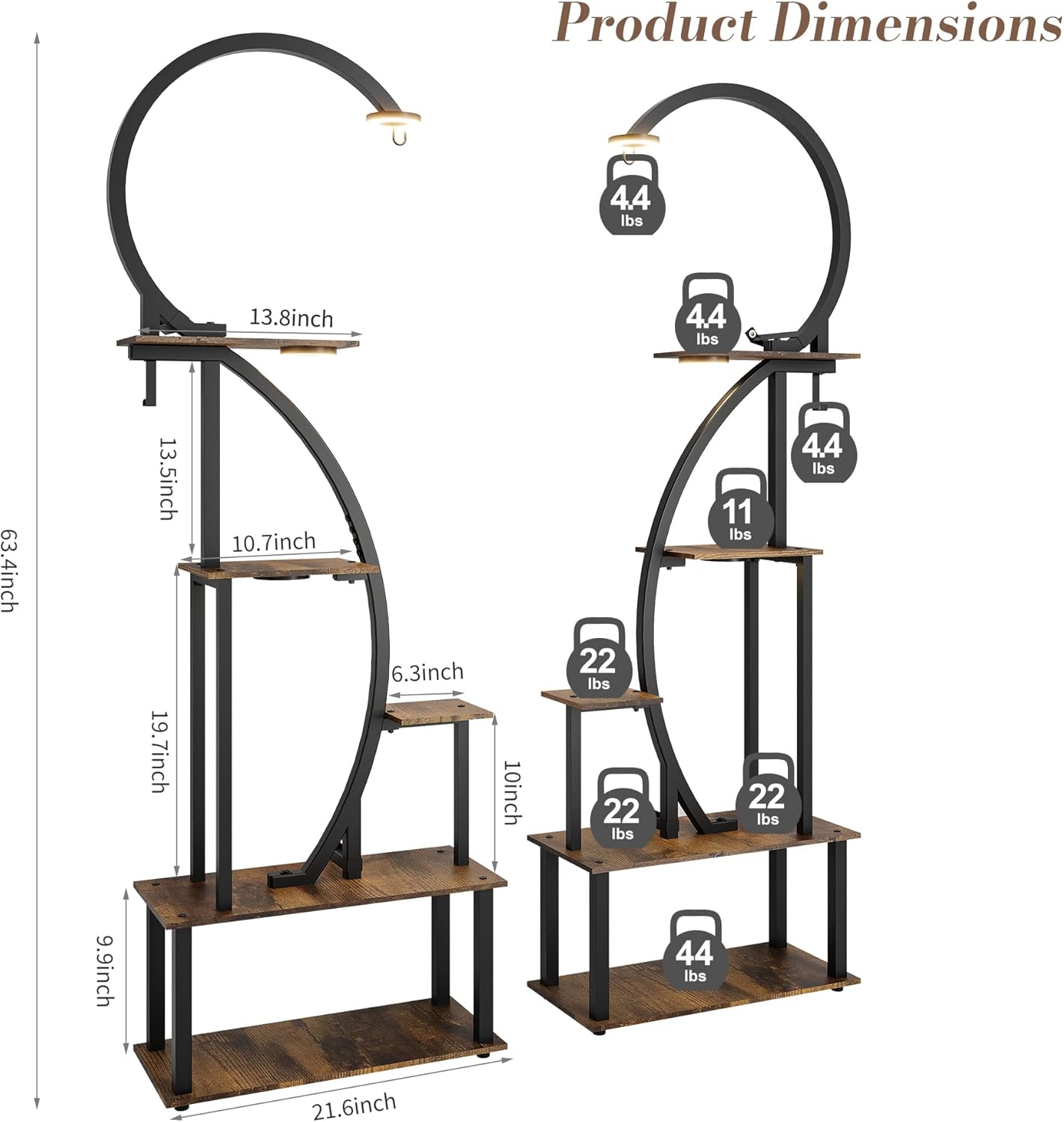 Indoor Plant Stand with Grow Lights, Half-Heart Shape Metal Shelf with Multiple Wood Boards and Hooks for Hanging & Potted Plants, Tall LED Display Rack for Living Room, Balcony Décor