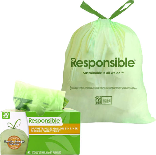 Kitchen Bin Liners, Certified Compostable, Heavy Duty Multipurpose Food Scrap Bags, Made from Compostable Materials (30 Gallon Drawstring, 30 Gallon (42 Count))