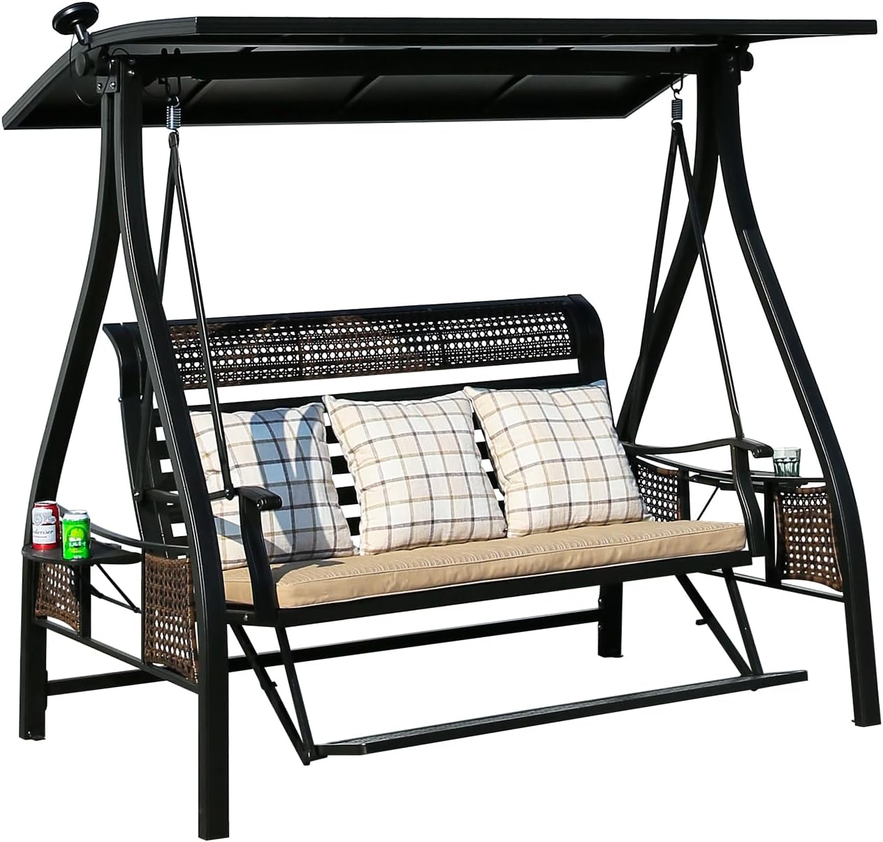 2/3-Seat Outdoor Patio Porch Swing with Adjustable Aluminum Alloy Canopy Solar Patio Swing Chair Bench with Footrest Side Cup Holder for Backyard Lawn (Himalaya-3 Seat)