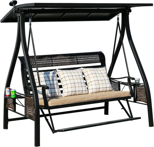 2/3-Seat Outdoor Patio Porch Swing with Adjustable Aluminum Alloy Canopy Solar Patio Swing Chair Bench with Footrest Side Cup Holder for Backyard Lawn (Himalaya-3 Seat)