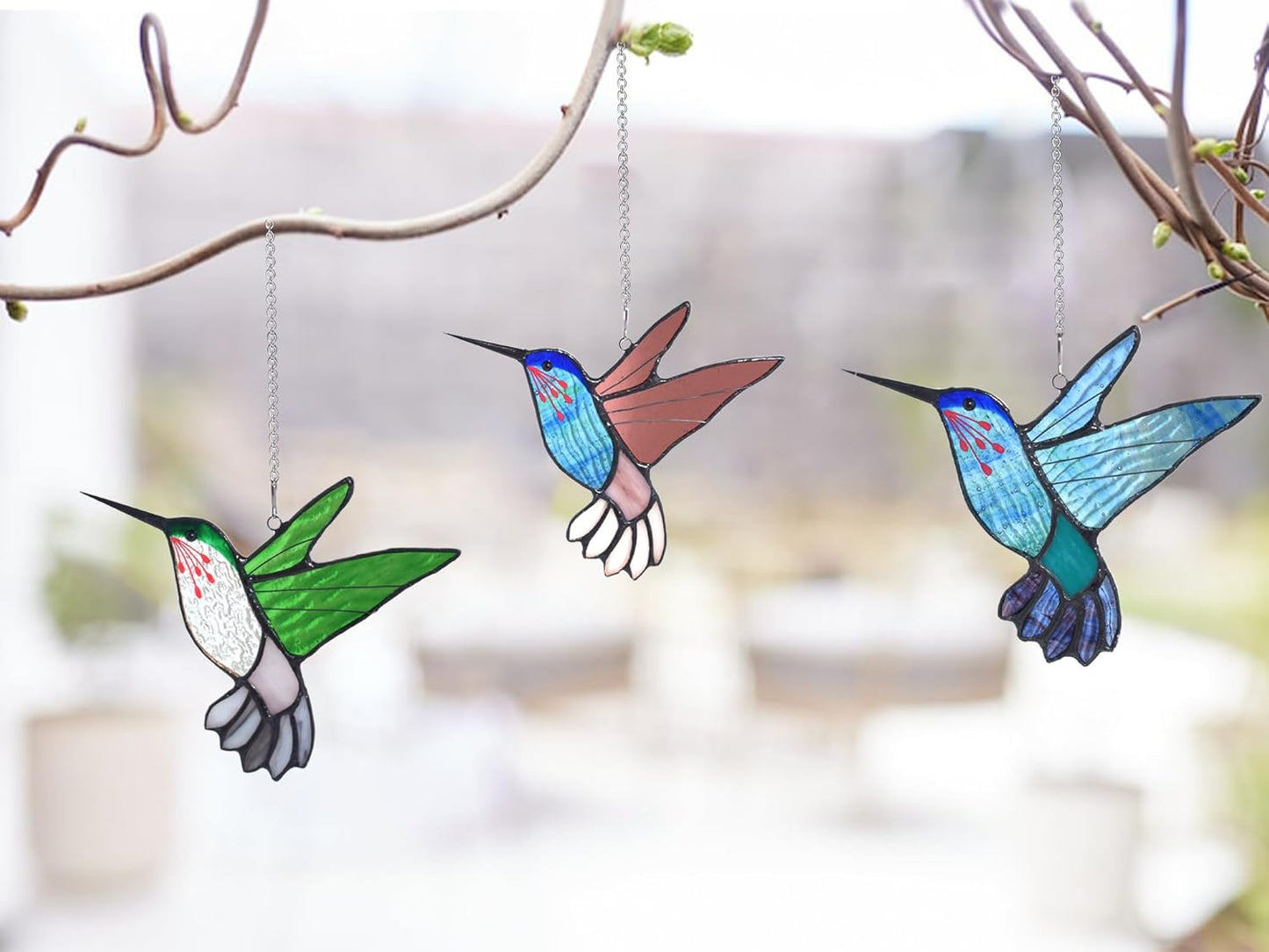Lolitarcrafts Stained Glass Hummingbird Window Hangings with Flowers, Bird Stained Glass Suncatcher for Window Decor Hummingbird Gifts for Mom,Bird Lovers (Blue A)