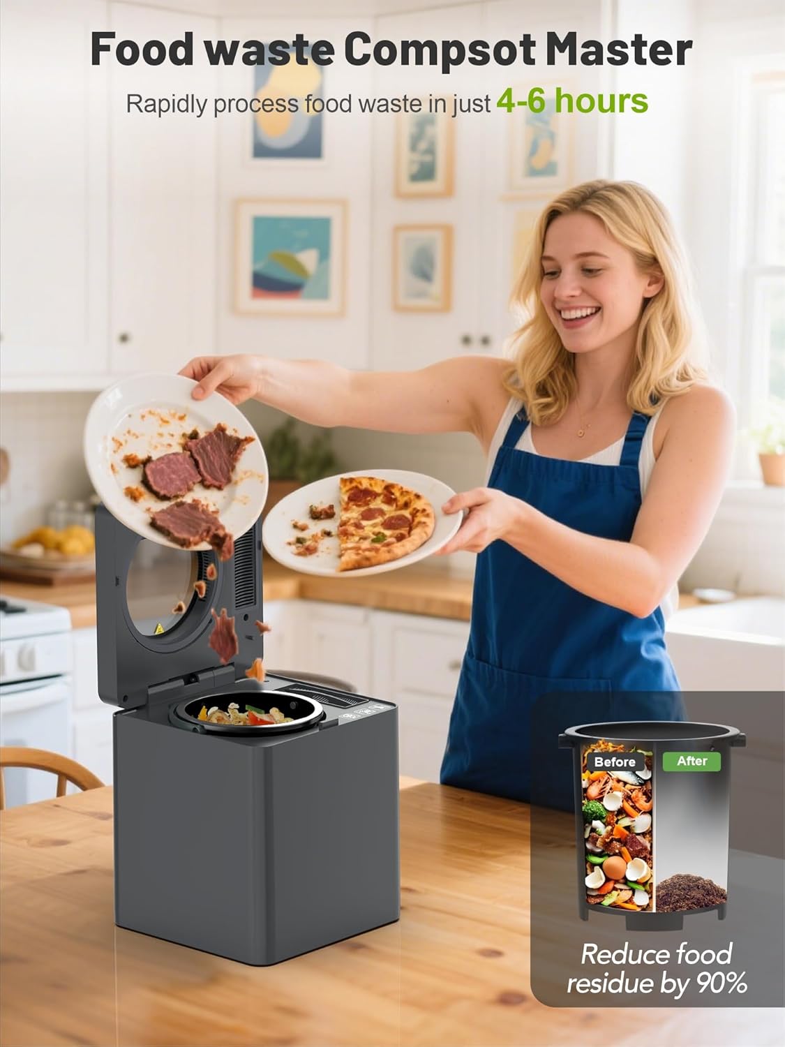 Growell Electric Composter for Kitchen Indoor, 2.5L Countertop Compost Bin, Odorless Food Waste Composting Machine with Auto-Clean & LED Display - 4H/6H Fast Processing (Model: EC02)